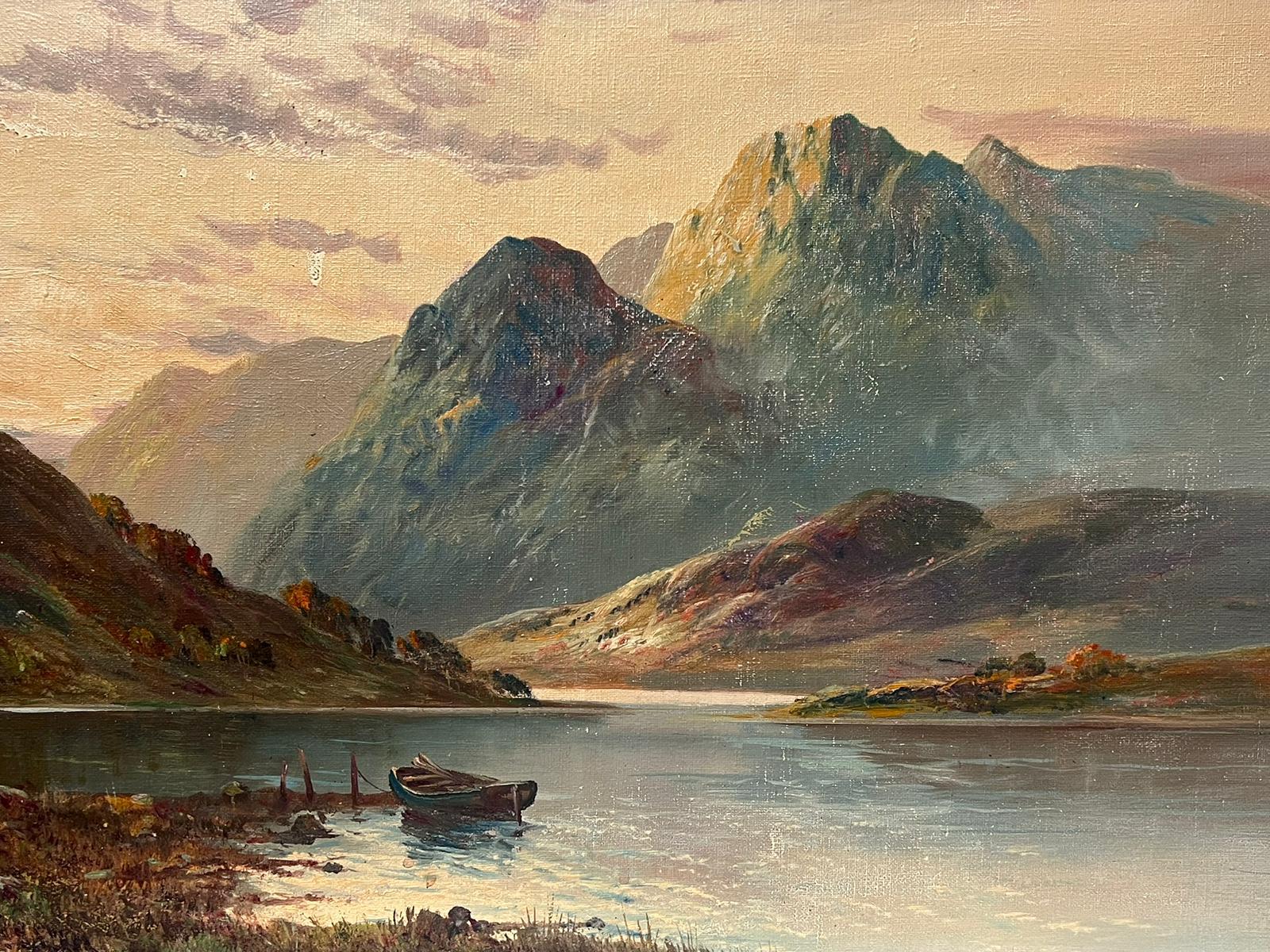 Artist/ School: F. E. Jamieson British, signed

Title: Dusk in the Highlands

Medium: Oil on canvas, framed

Size:
framed: 20 x 28 inches
canvas : 16 x 24 inches

Provenance: from a collection in England. 

Condition: The painting is in overall very