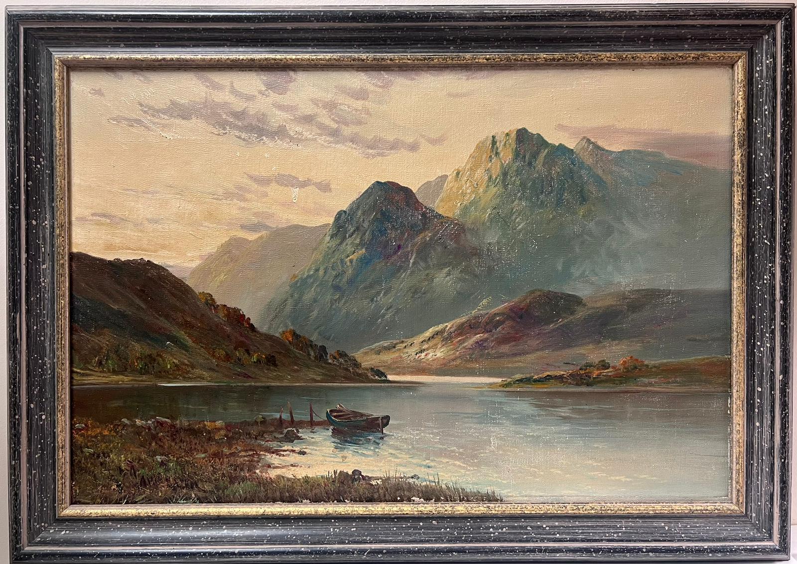 Dusk in the Scottish Highlands Antique Signed Oil Painting Boat in Loch Scene For Sale 1