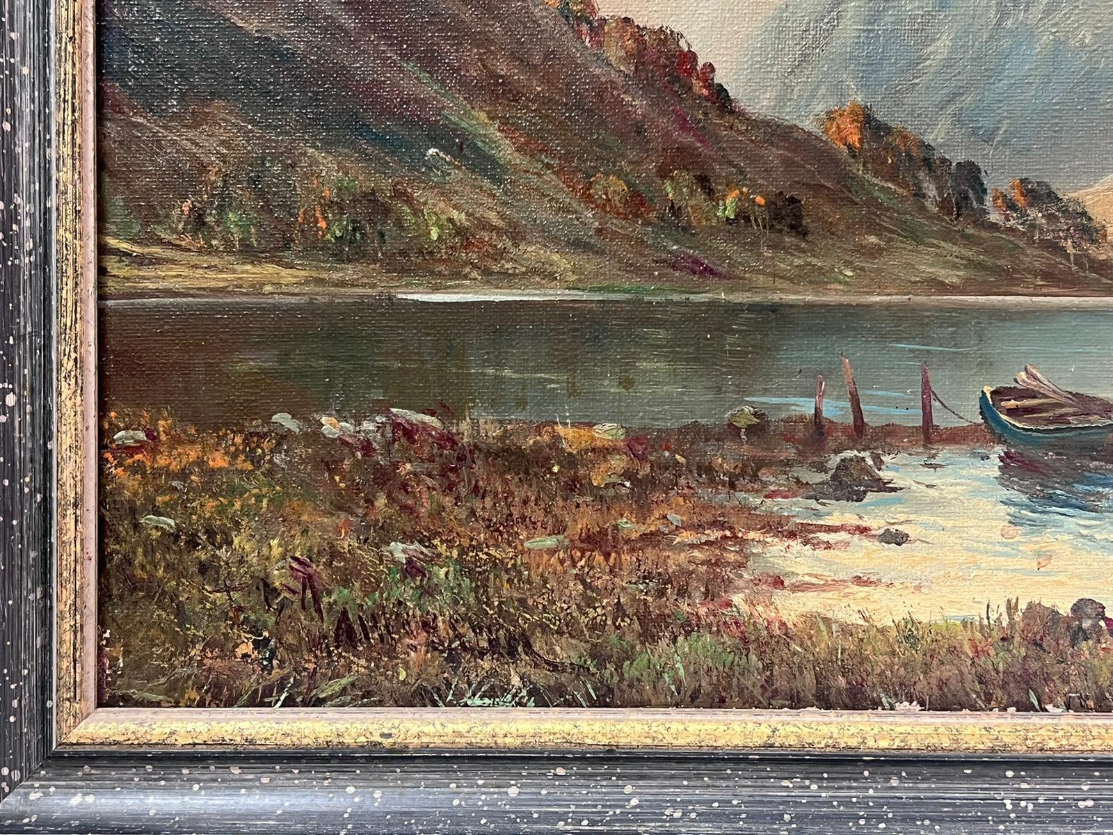 Dusk in the Scottish Highlands Antique Signed Oil Painting Boat in Loch Scene For Sale 6