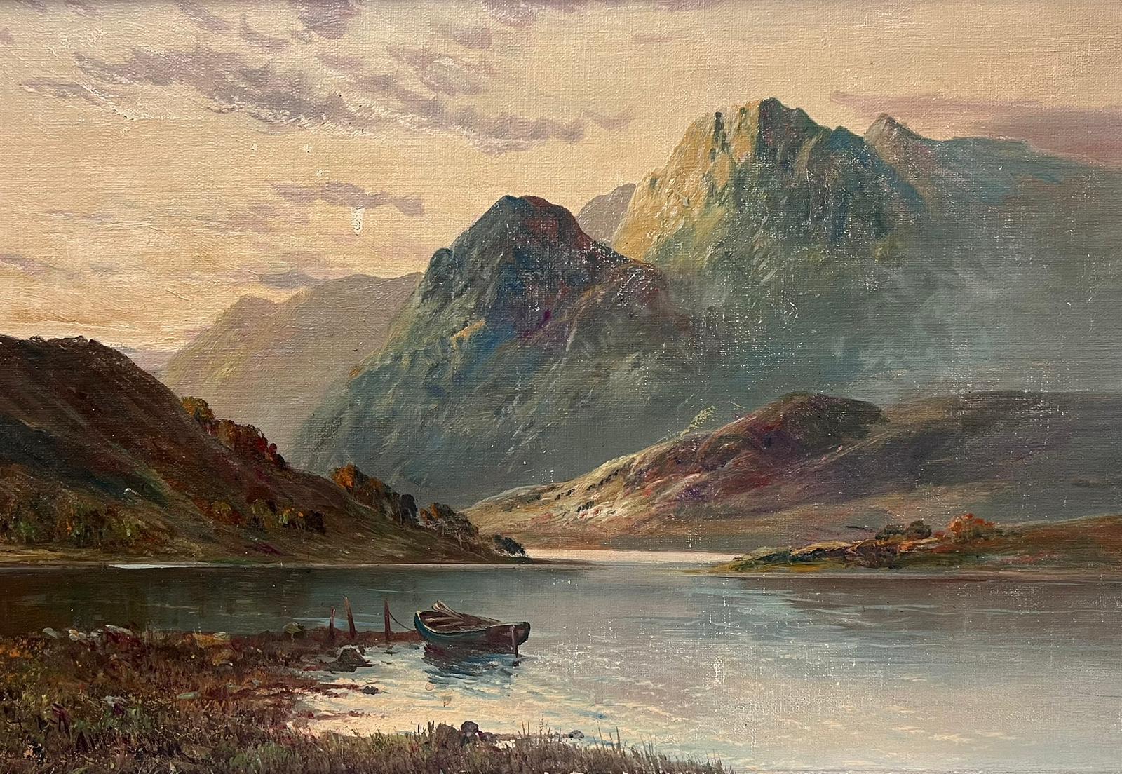 Francis E. Jamieson Landscape Painting - Dusk in the Scottish Highlands Antique Signed Oil Painting Boat in Loch Scene