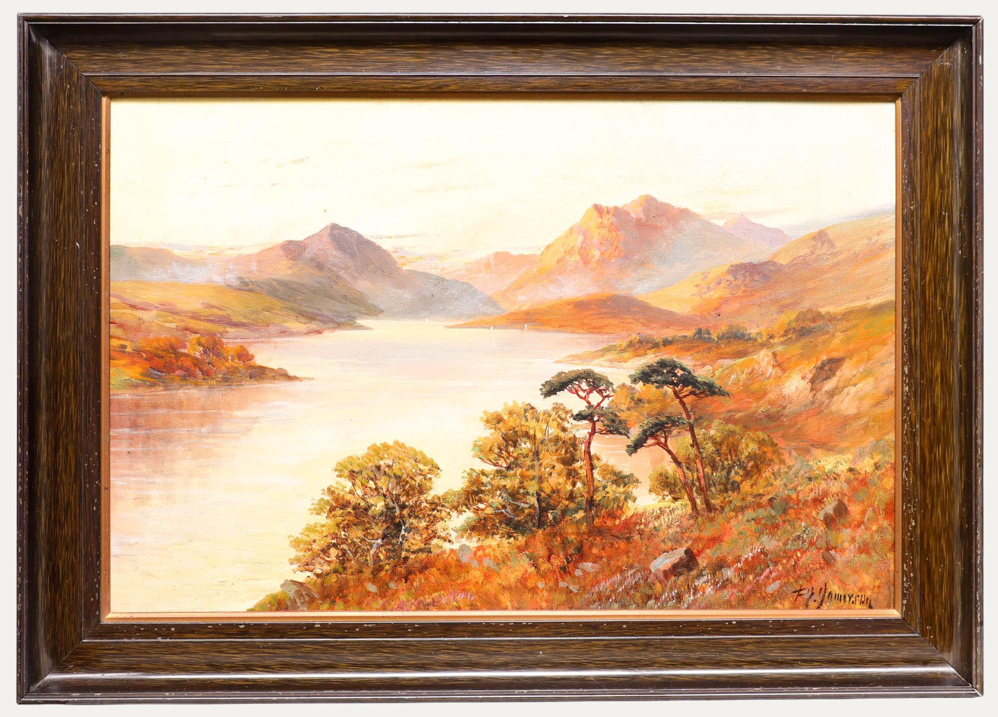 A charming landscape scene depicting the sun setting over Loch Lomond in the Scottish Highlands. Signed in the lower right. Presented in a dark veneer frame. On canvas.