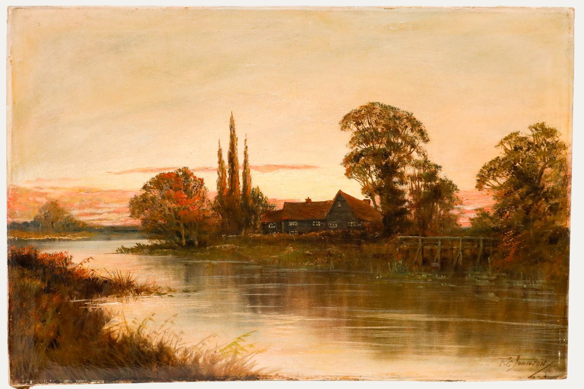 This tranquil landscape painting depicts a serene riverside featuring a rustic dwelling with tall cypress trees creating dramatic vertical elements against the soft, muted sky. The composition is anchored by the calm water in the foreground that