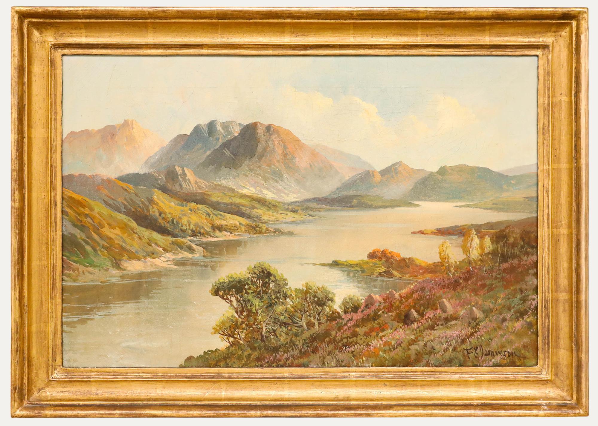 An atmospheric landscape by the artist Francis E. Jamieson (1895-1950), depicting the morning light over Loch Katrine, Scotland. Signed to the lower right. Titled on the stretcher verso. Well presented in a simple gilt frame. On canvas on