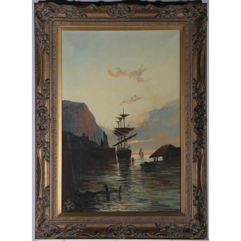 Eine schöne nautische Szene in Öl, die ein großes Schiff mit gehissten Segeln zeigt, das im Hafen von Granton in Edinburgh vor Anker liegt. Der Künstler hat mit dem Pseudonym "Joel Owens" unten links signiert. Das Gemälde wird in einem