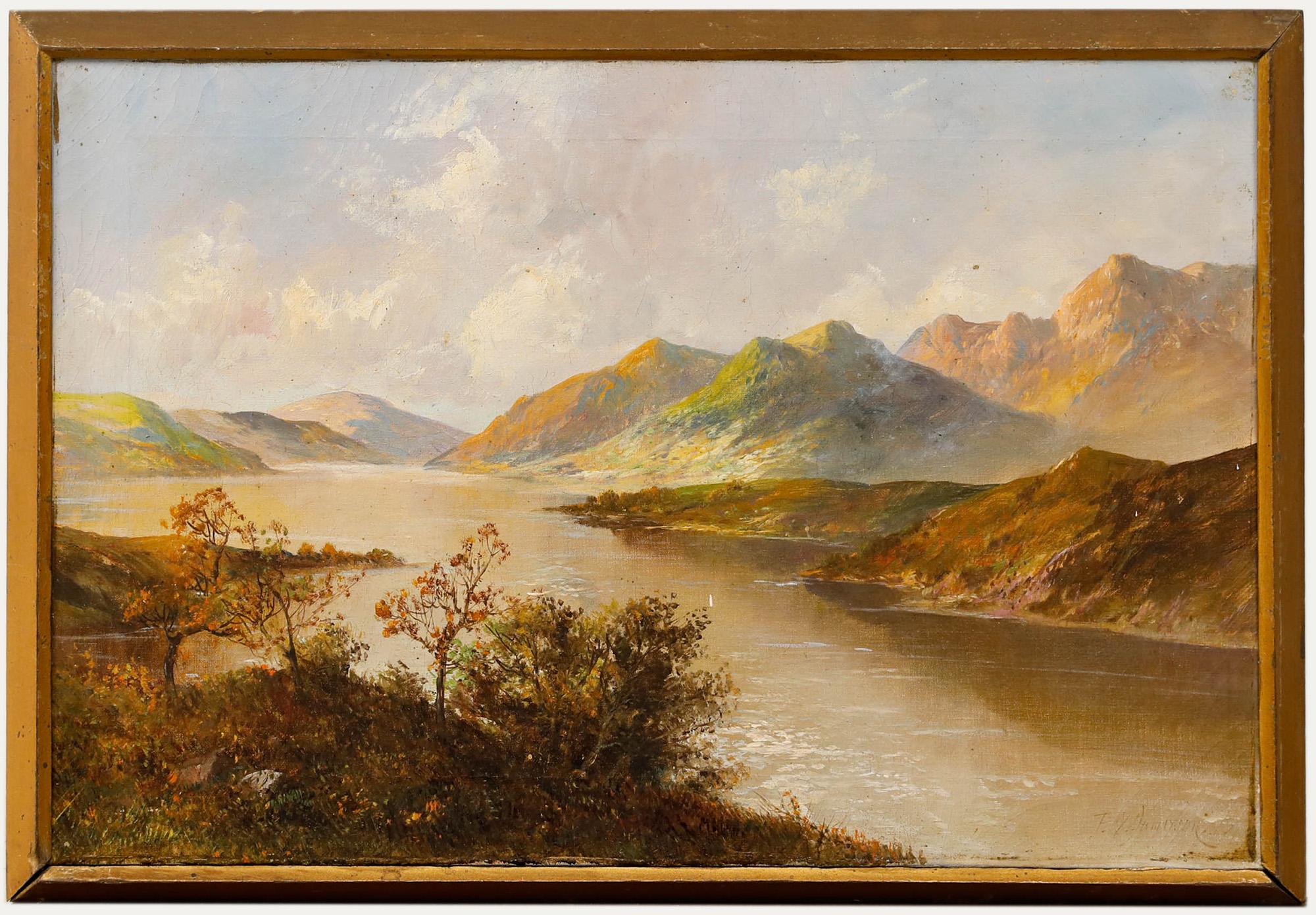 Questo suggestivo paesaggio dipinto da Francis E. Jamieson (1895-1950) cattura la serena bellezza di un lago tortuoso circondato da maestose montagne inondate dalla luce del sole. L'uso da parte dell'artista di toni morbidi e caldi e di pennellate