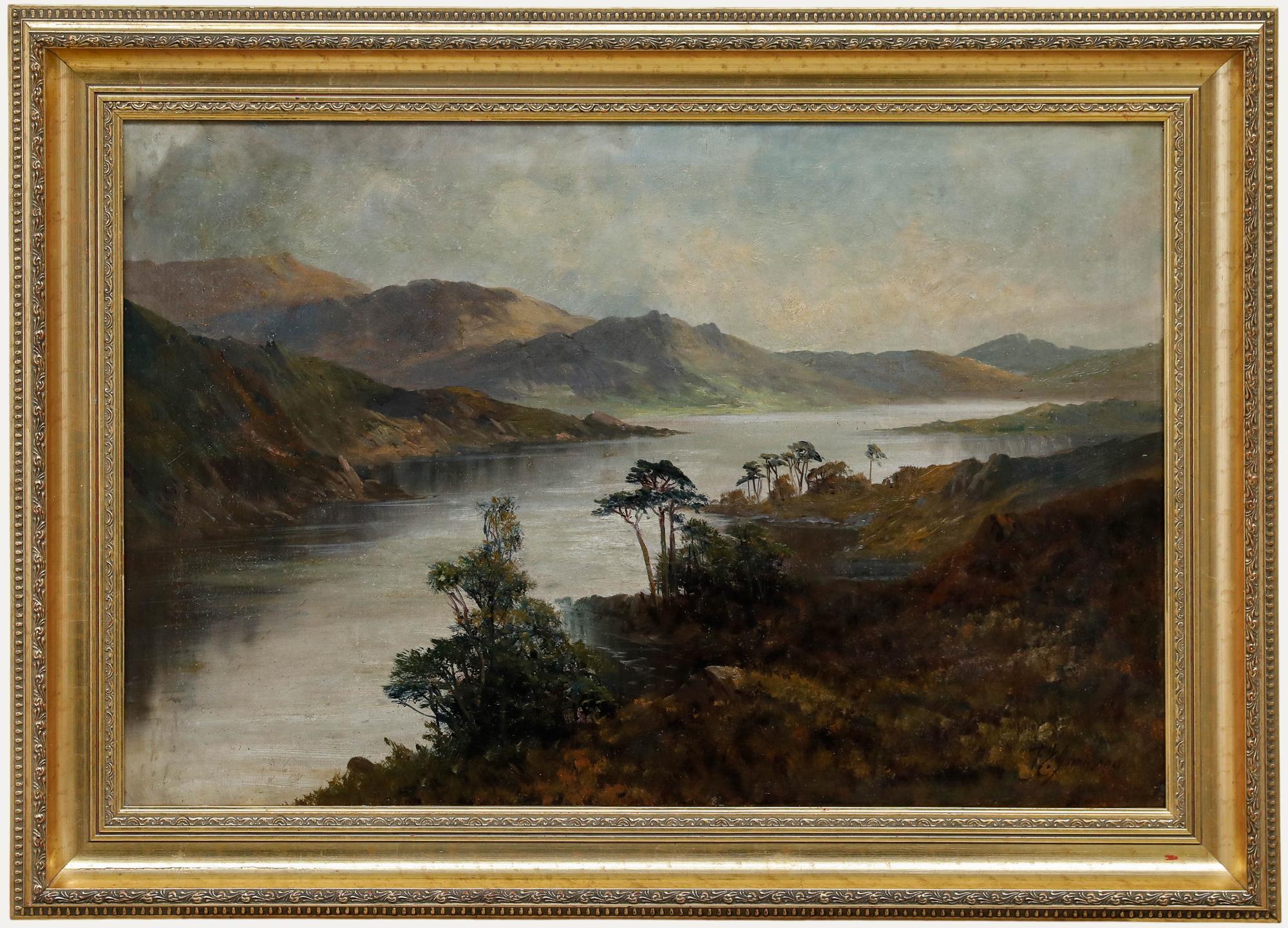 A scenic landscape painting by the artist Francis E. Jamieson (1895-1950), depicting rain clouds over Loch Katrine in the Scottish Highlands. Signed to the lower right. Well presented in a gilt frame with various running patterns. On canvas on