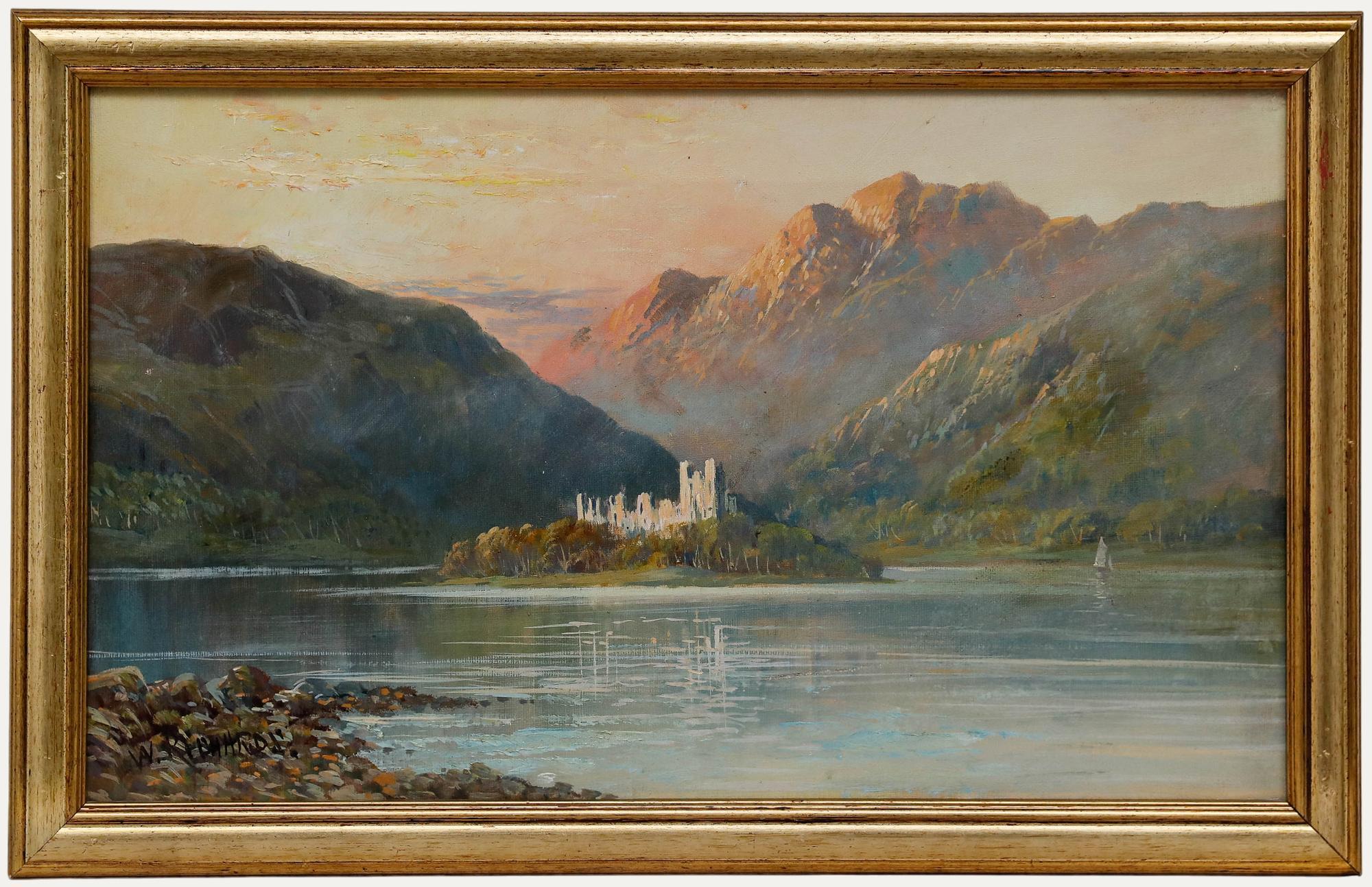 A charming oil landscape capturing the morning light on Loch Awe with a view toward Kilchurn Castle. Signed 'W. Richards,' a pseudonym used by Francis E. Jameson. The work is elegantly presented in a gilt-effect frame with additional inscriptions on