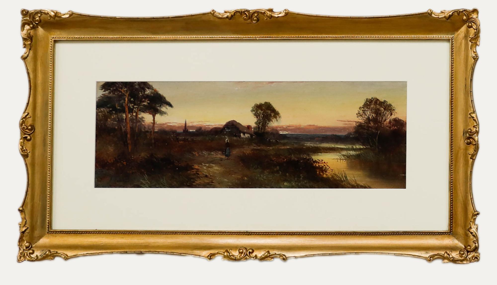 Paesaggio ad olio. Presentato in una cornice dorata e ornata con binari spazzati, rifinita con modanature centrali e angolari in acanto. Firmato con lo pseudonimo dell'artista "A. Ramus" in basso a sinistra. A bordo. 