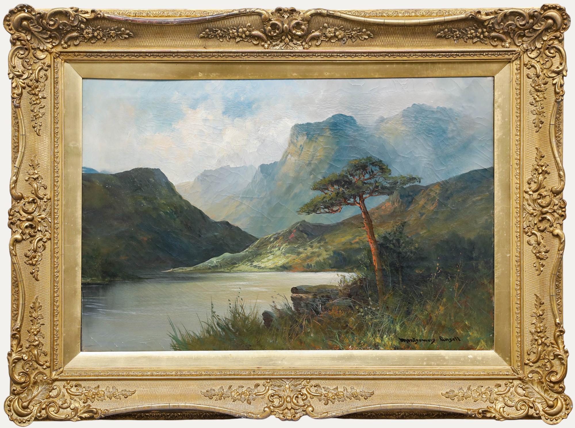 Un extenso paisaje de las tierras altas, obra del reconocido artista británico Francis E. Jamieson (1895-1950). Pinos silvestres en el lago. Firmado con el seudónimo del artista "Montgomery Ansell" en la parte inferior derecha y presentado en un