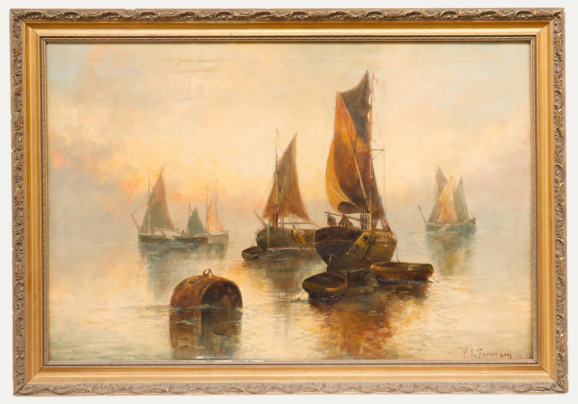 Eine charmante Studie aus dem frühen 20. Jahrhundert, die eine Flotte von Fischerbooten zeigt, die in der Morgendämmerung aus einem Hafen auslaufen. Signiert unten rechts. Präsentiert in einem vergoldeten Rahmen mit blattförmigem Laufmuster. Auf