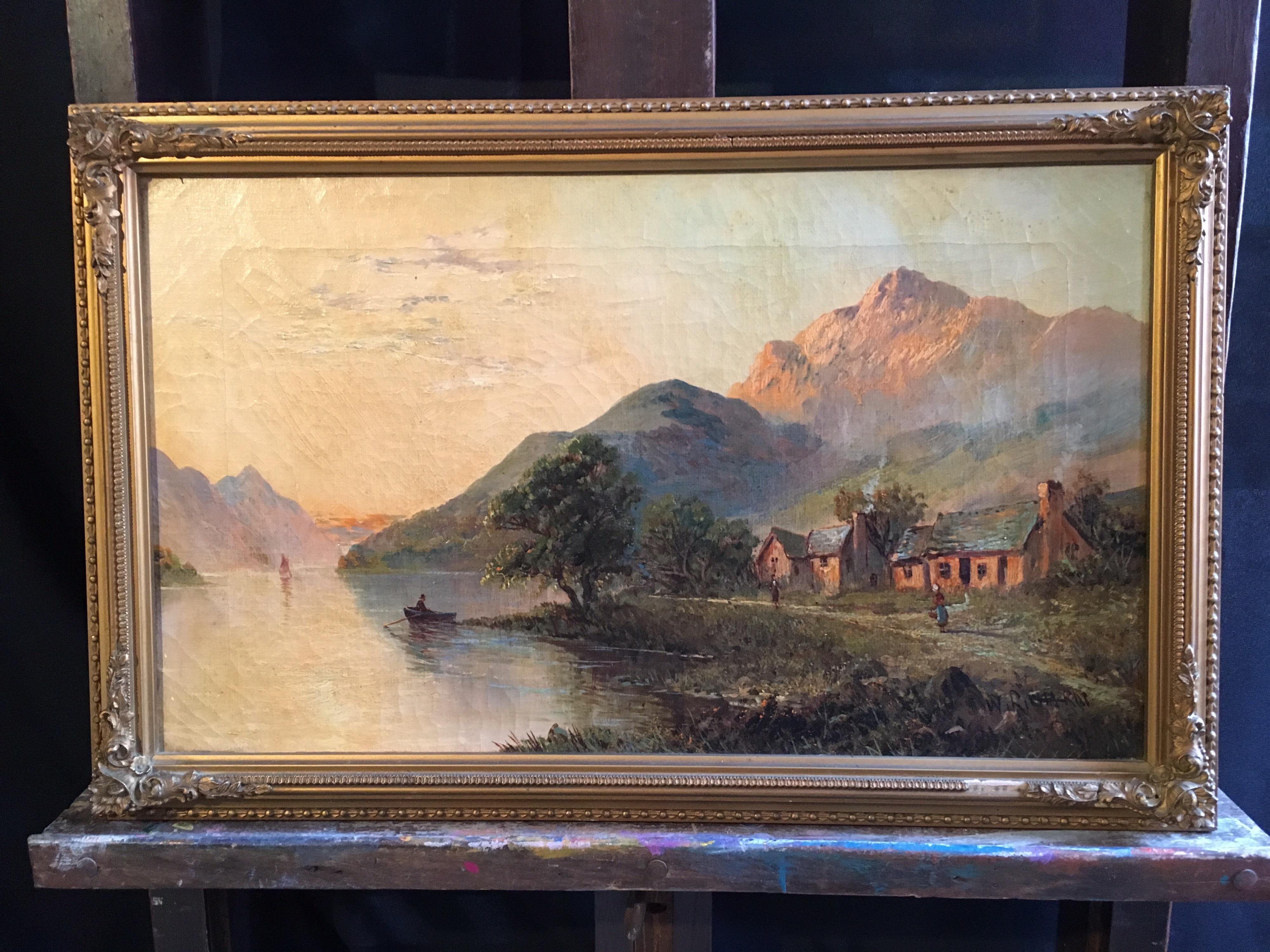 Glen Ogle, Lochearnhead, Pintura al Óleo Escocesa Antigua Puesta de Sol, Firmada - Painting de Francis E. Jamieson