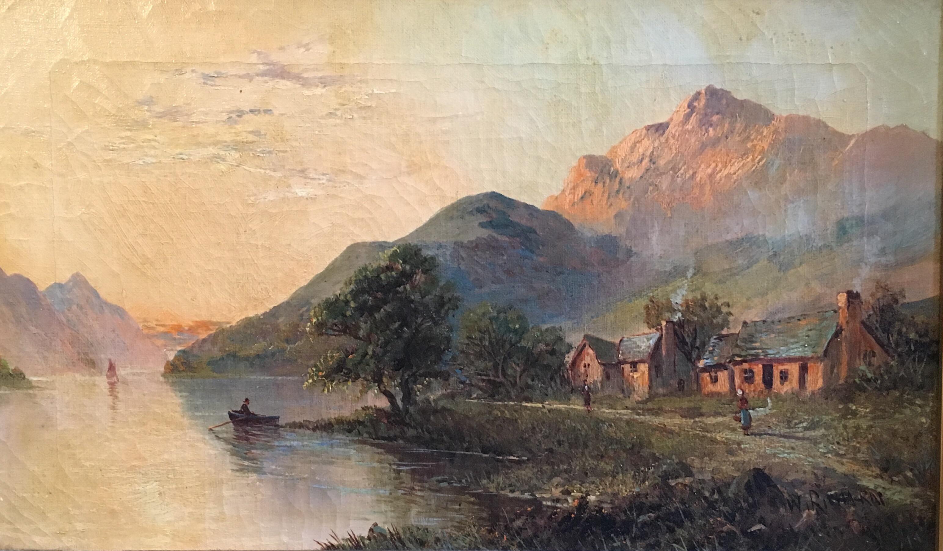 Glen Ogle, Lochearnhead, peinture à l'huile écossaise ancienne Coucher de soleil, signée