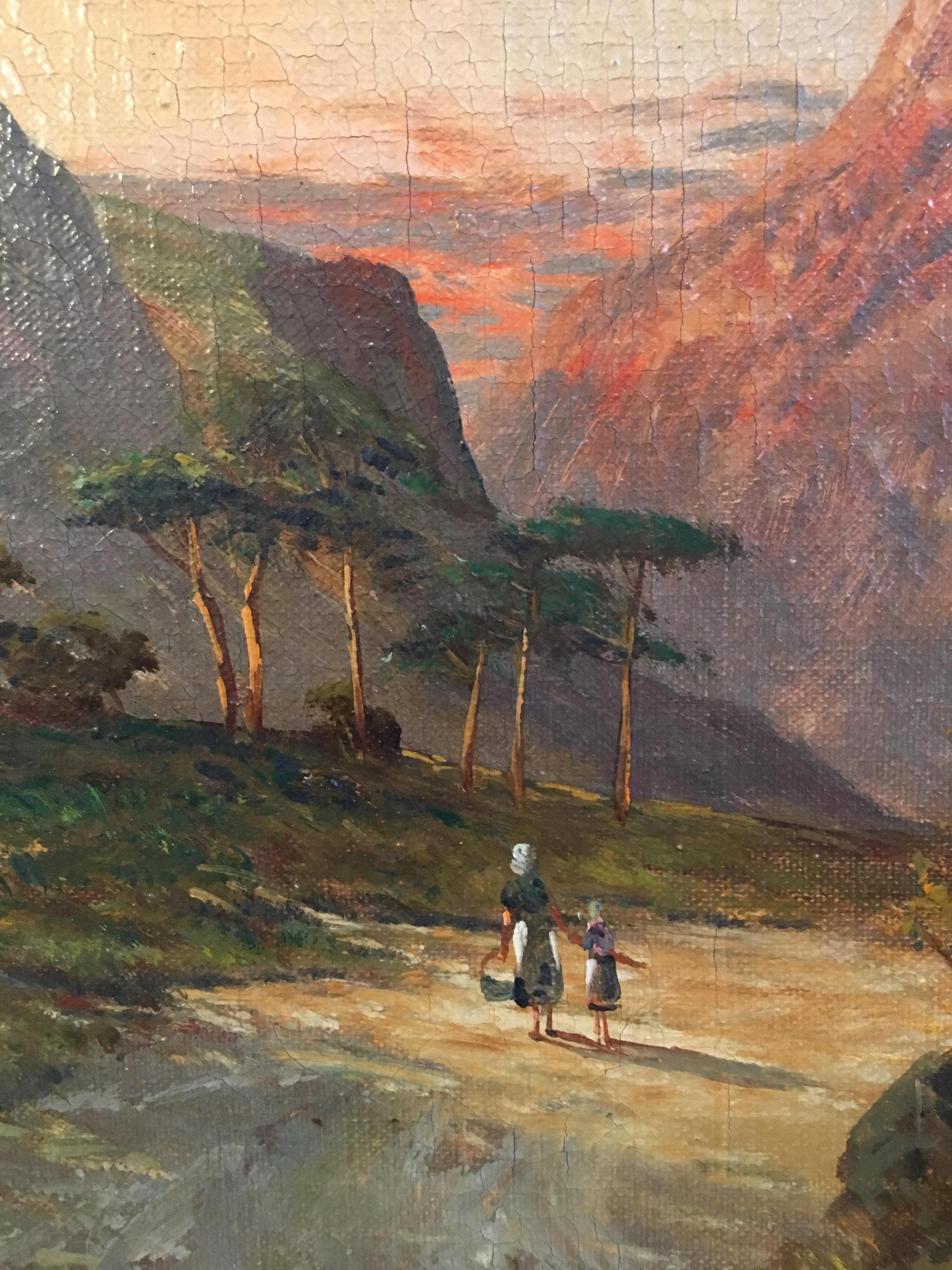 Sol brumoso en las montañas, cañada escocesa 'Glen Coe
de F. E. Jamieson (británico, 1895-1950)
firmado, esquina inferior y titulado verso
óleo sobre lienzo, enmarcado
lienzo: 16 x 24 pulgadas
enmarcado: 19 x 27 pulgadas

Óleo antiguo de gran