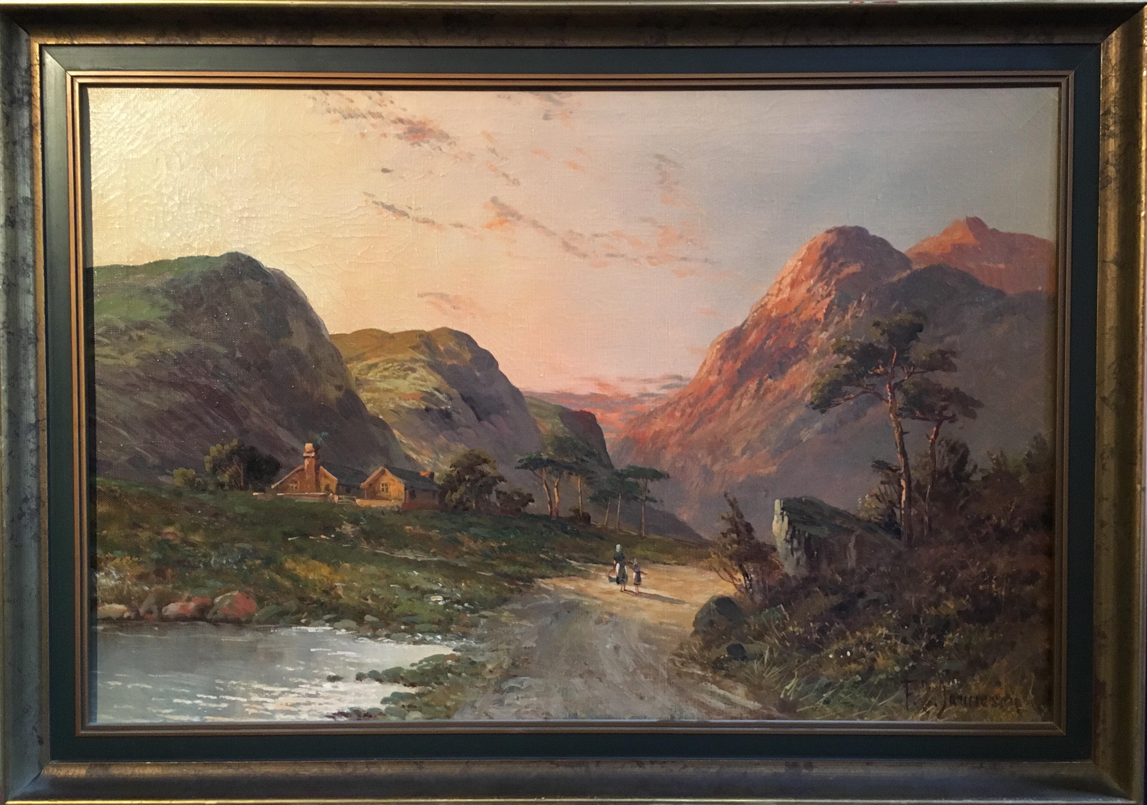 Landscape Painting de Francis E. Jamieson - Sol brumoso en las montañas, cañada escocesa "Glen Coe" Óleo firmado