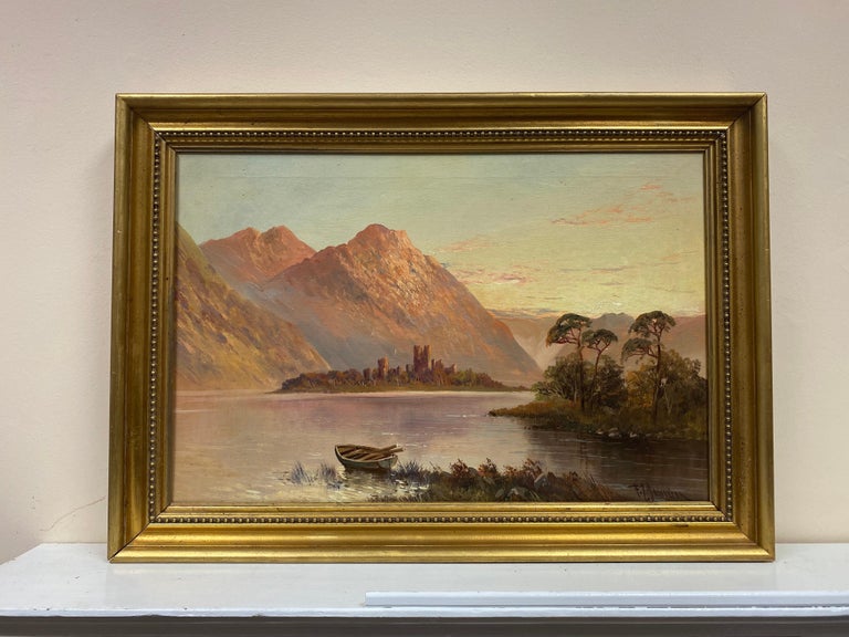 Kilchurn Castle Loch Awe, Antique Scottish Highlands Sunset Framed Oil Painting  - Brown Figurative Painting by Francis E. Jamieson