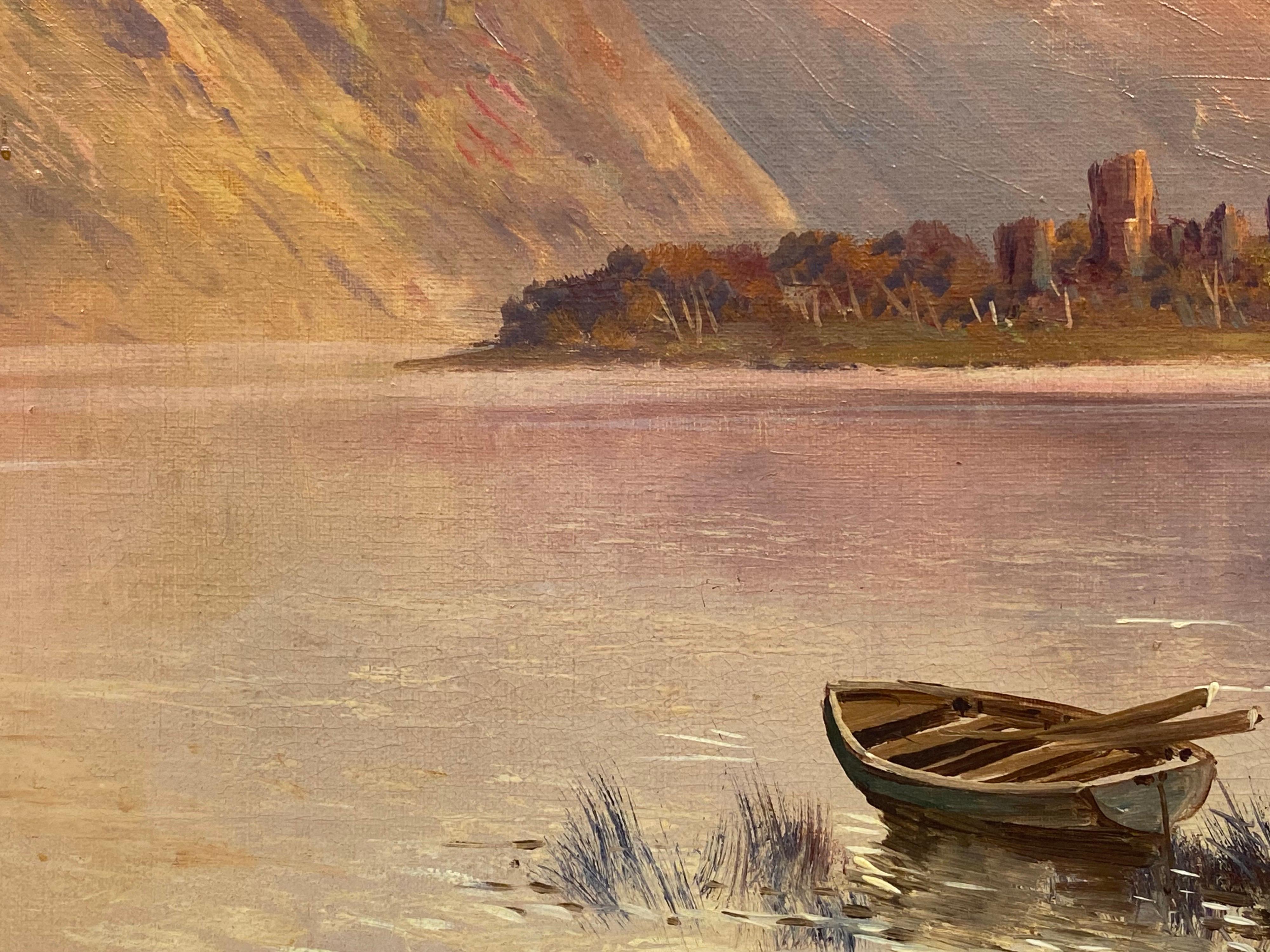 Kilchurn Castle Loch Awe, Antique Scottish Highlands Sunset Framed Oil Painting - Brown Landscape Painting by Francis E. Jamieson
