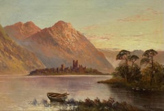 Kilchurn Castle Loch Awe, Antique Scottish Highlands Sunset Framed Oil Painting 