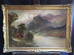 Lady by the Loch, Fine Antique Scottish Highlands Oil Painting on Canvas
