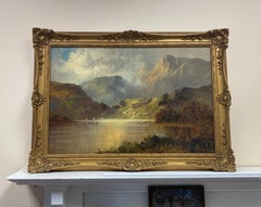 Large Antique Scottish Framed Highlands Oil Painting Moody Misty Loch Scene