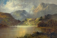 Large Antique Scottish Framed Highlands Oil Painting Moody Misty Loch Scene