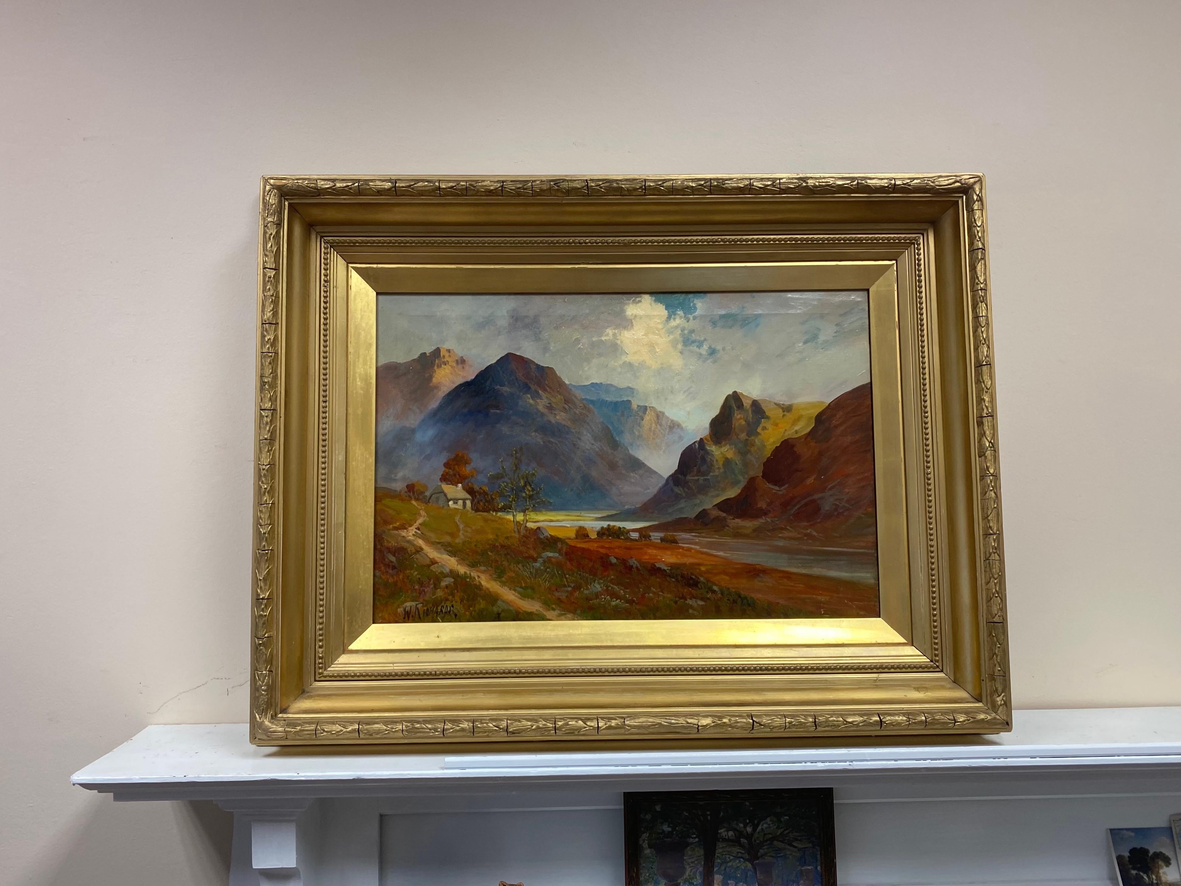 Large Antique Scottish Highlands Oil Painting in Gilt Frame Pitlochry Perthshire - Brown Landscape Painting by Francis E. Jamieson
