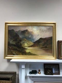 Large Scottish Highlands Loch Scene with Misty Mountains, antique oil painting