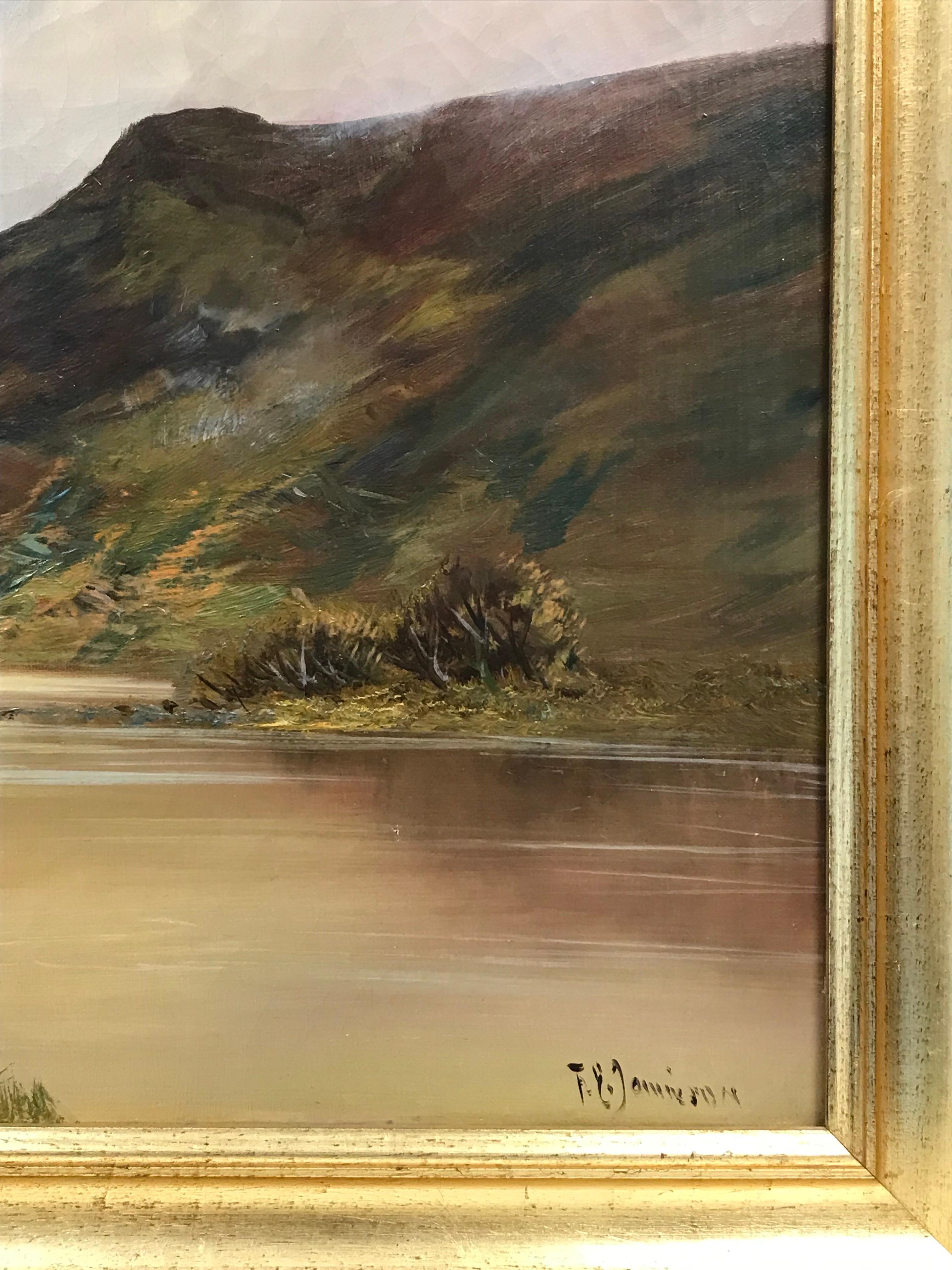 Large Scottish Highlands Loch Scene with Misty Mountains, antique oil painting - Victorian Painting by Francis E. Jamieson