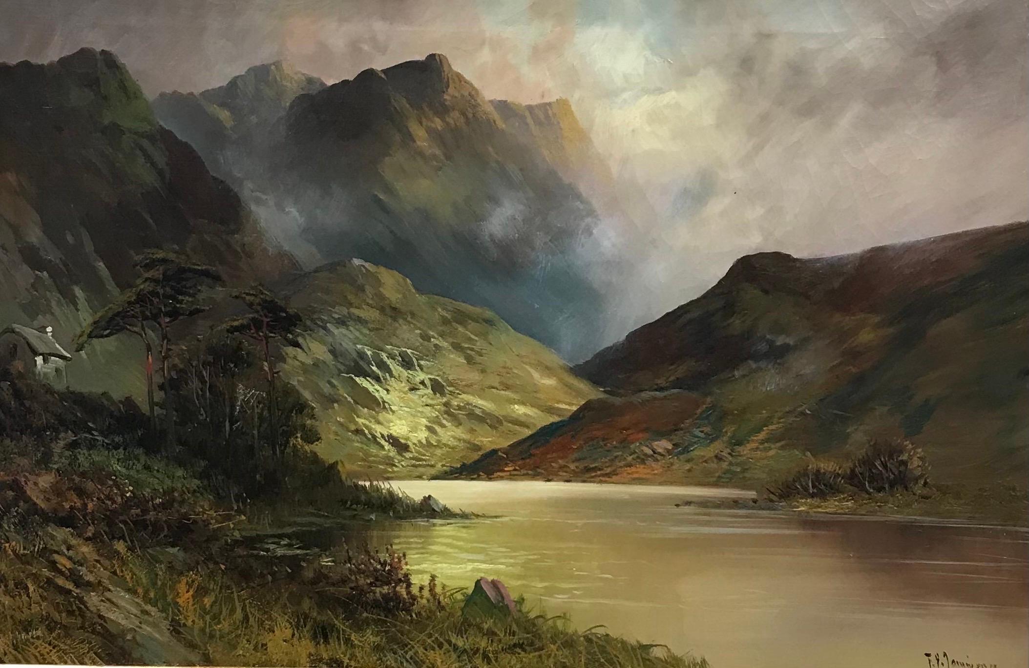 Francis E. Jamieson Landscape Painting - Large Scottish Highlands Loch Scene with Misty Mountains, antique oil painting
