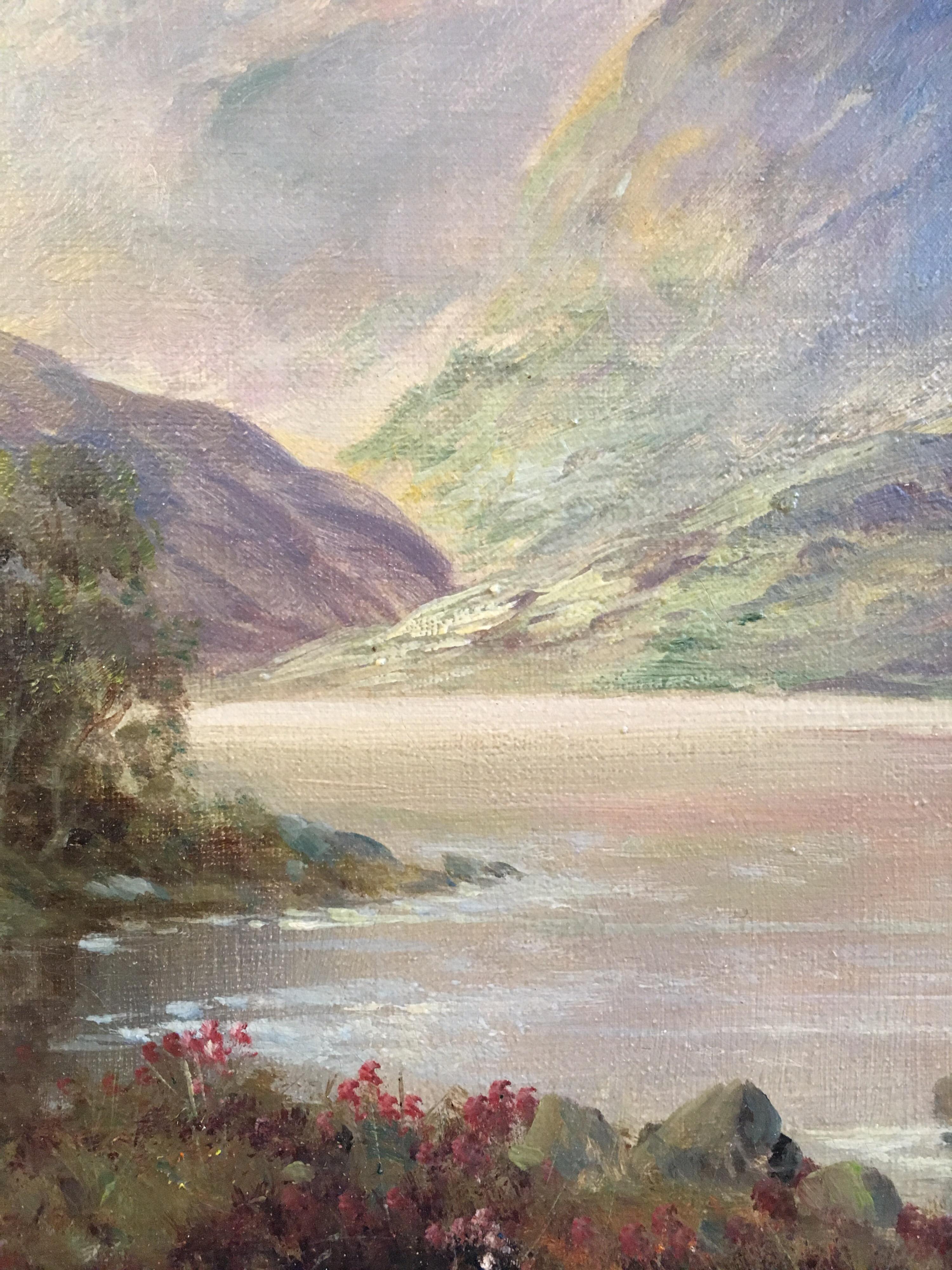 Loch Katrine, Antique Scottish Oil Painting, Signed - Gray Landscape Painting by Francis E. Jamieson