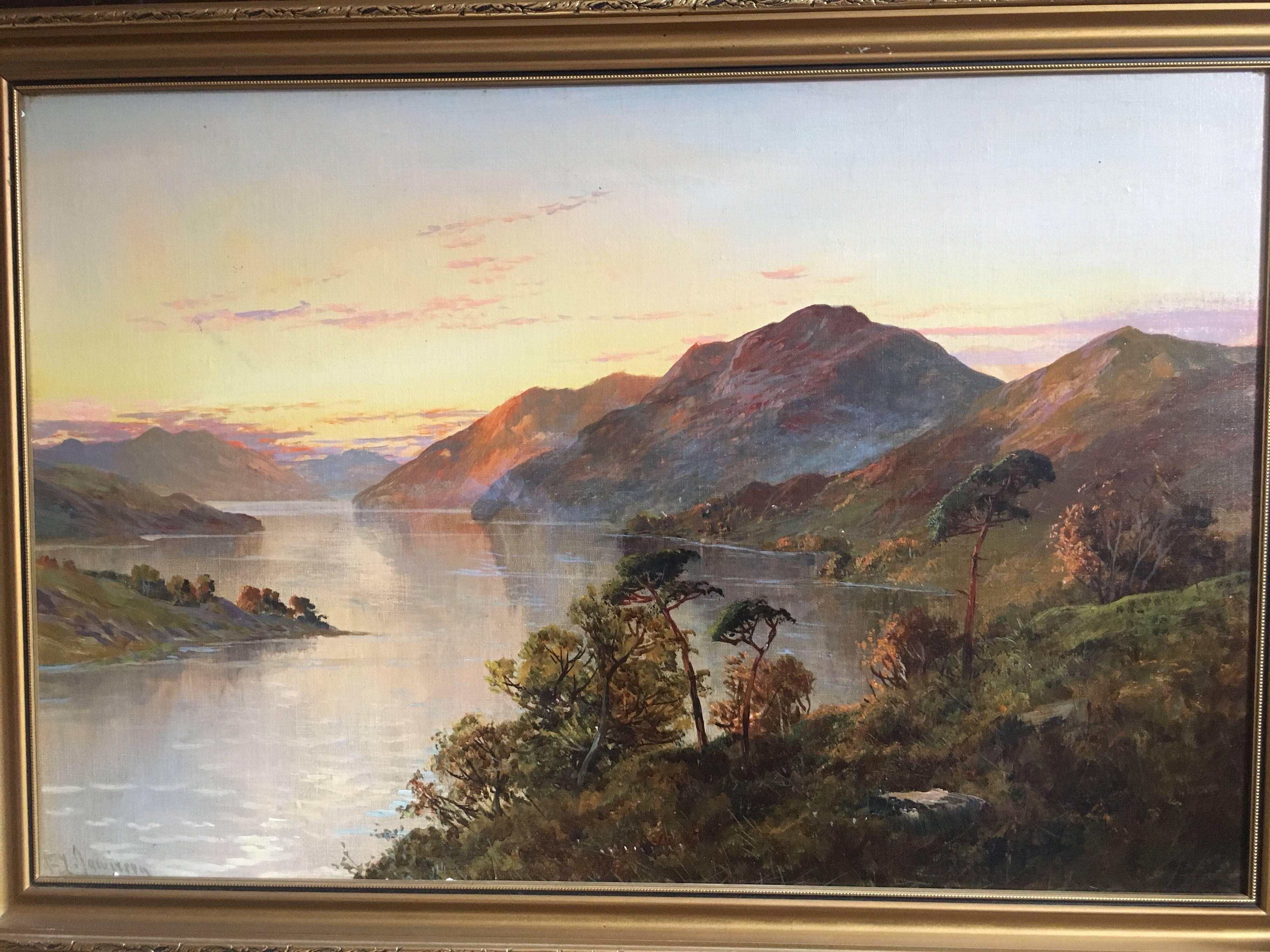 Loch Lomond Antique Scottish Oil Painting Sunset, Signed - Brown Animal Painting by Francis E. Jamieson