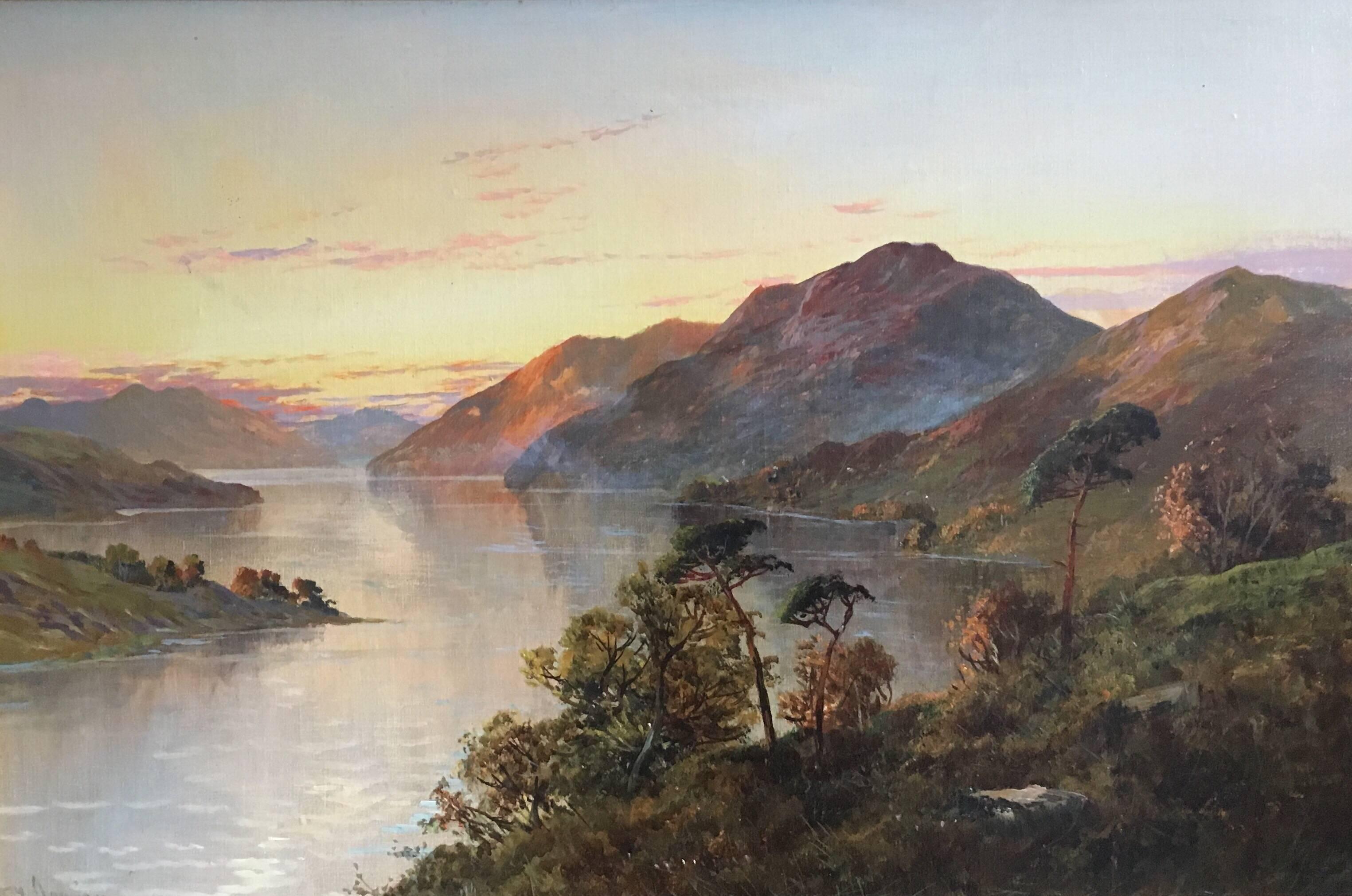 Francis E. Jamieson Animal Painting - Loch Lomond Antique Scottish Oil Painting Sunset, Signed