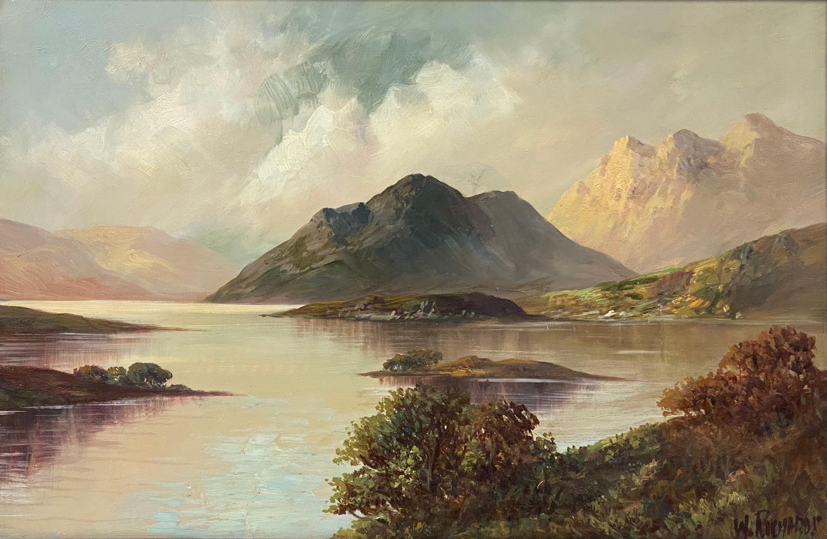 Figurative Painting Francis E. Jamieson - Grande peinture à l'huile écossaise ancienne encadrée Loch Lomond, Highlands 