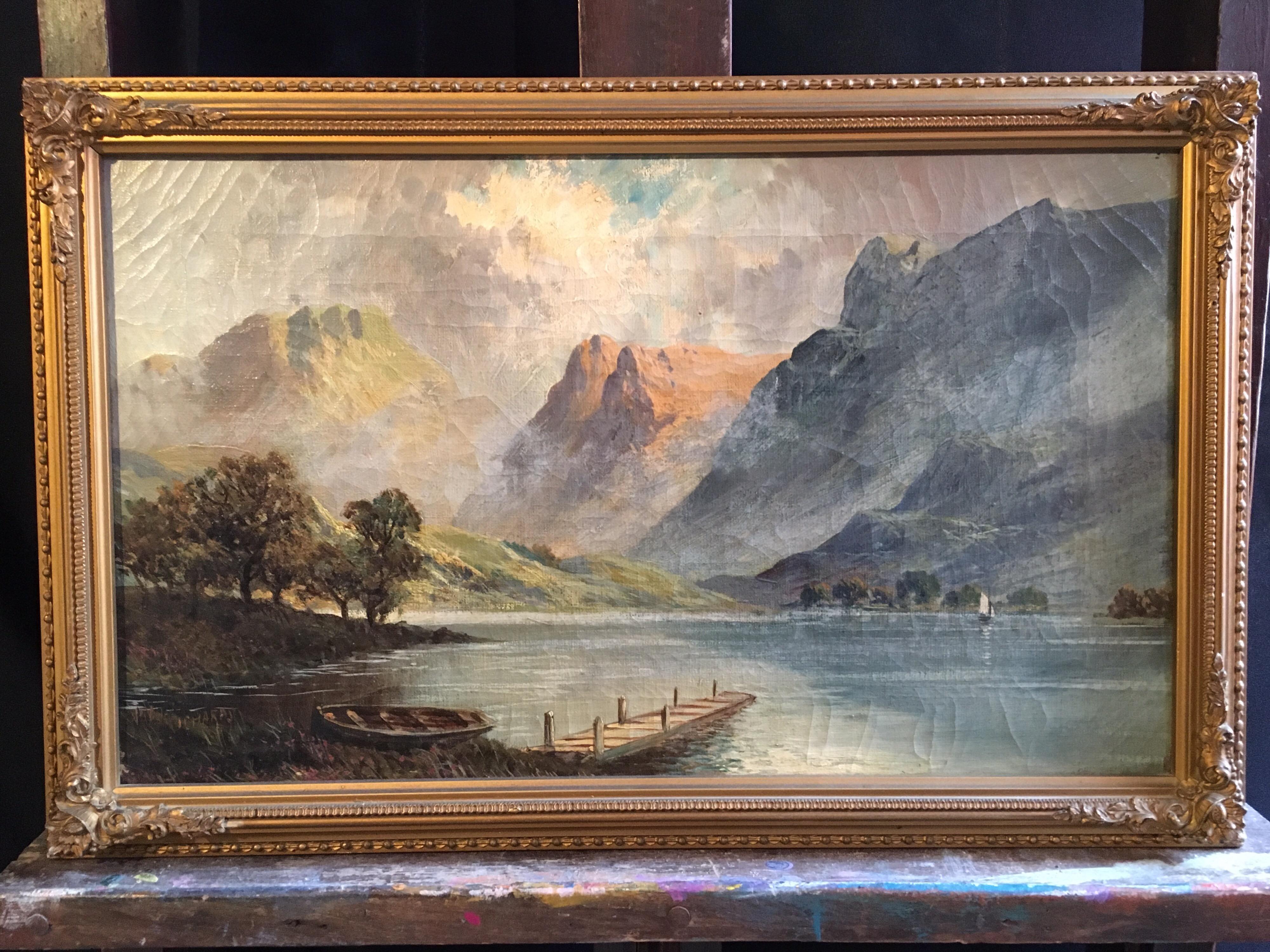 Loch Lomond, View of the Jetty, ancienne peinture à l'huile écossaise, signée - Painting de Francis E. Jamieson