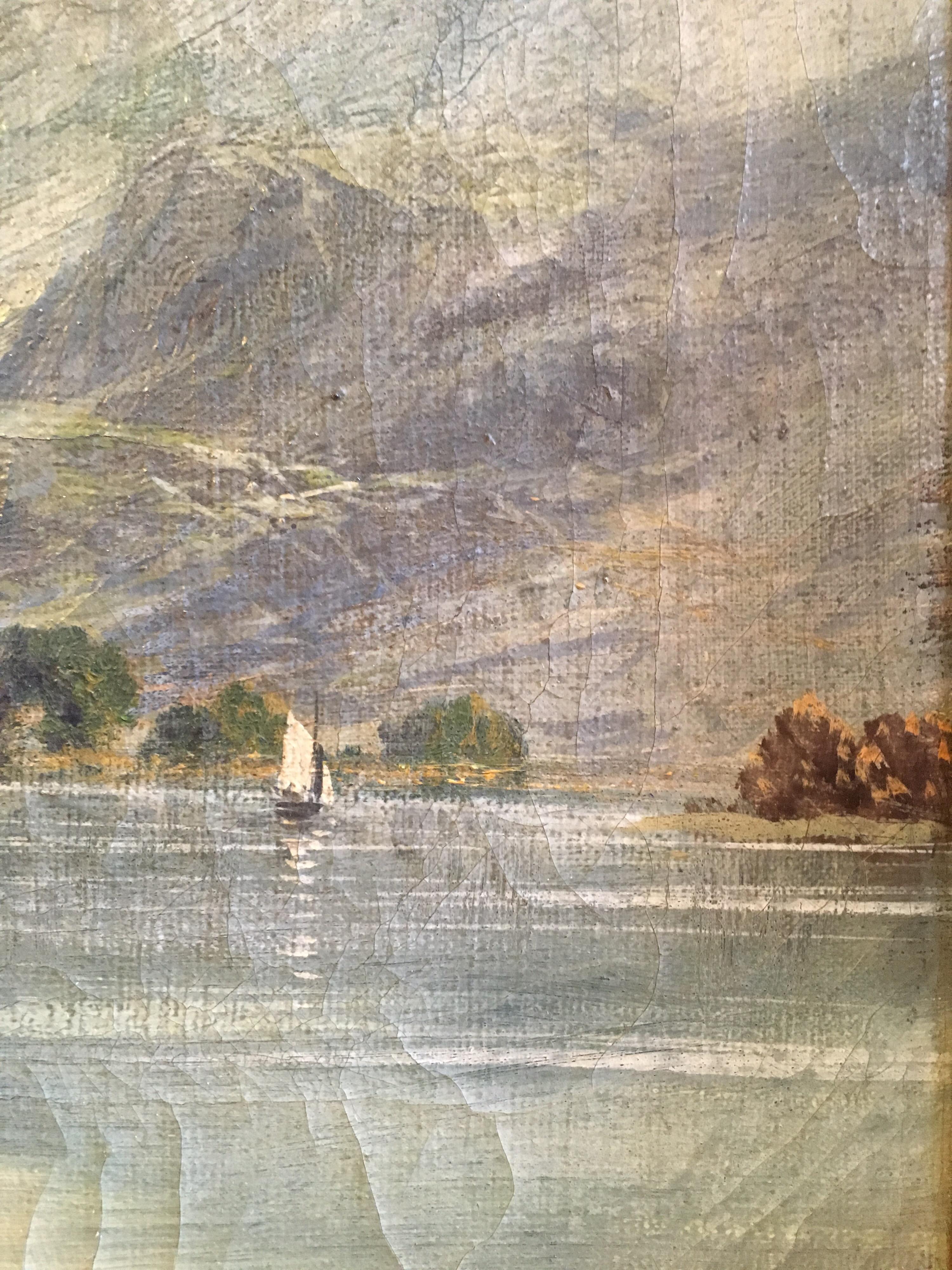Loch Lomond, View of the Jetty, ancienne peinture à l'huile écossaise, signée
par F. E. Jamieson (britannique, 1895-1950)
signé, coin inférieur gauche 
peinture à l'huile sur toile, encadrée
Encadré : 14.5 x 22.5 pouces

Peinture à l'huile ancienne