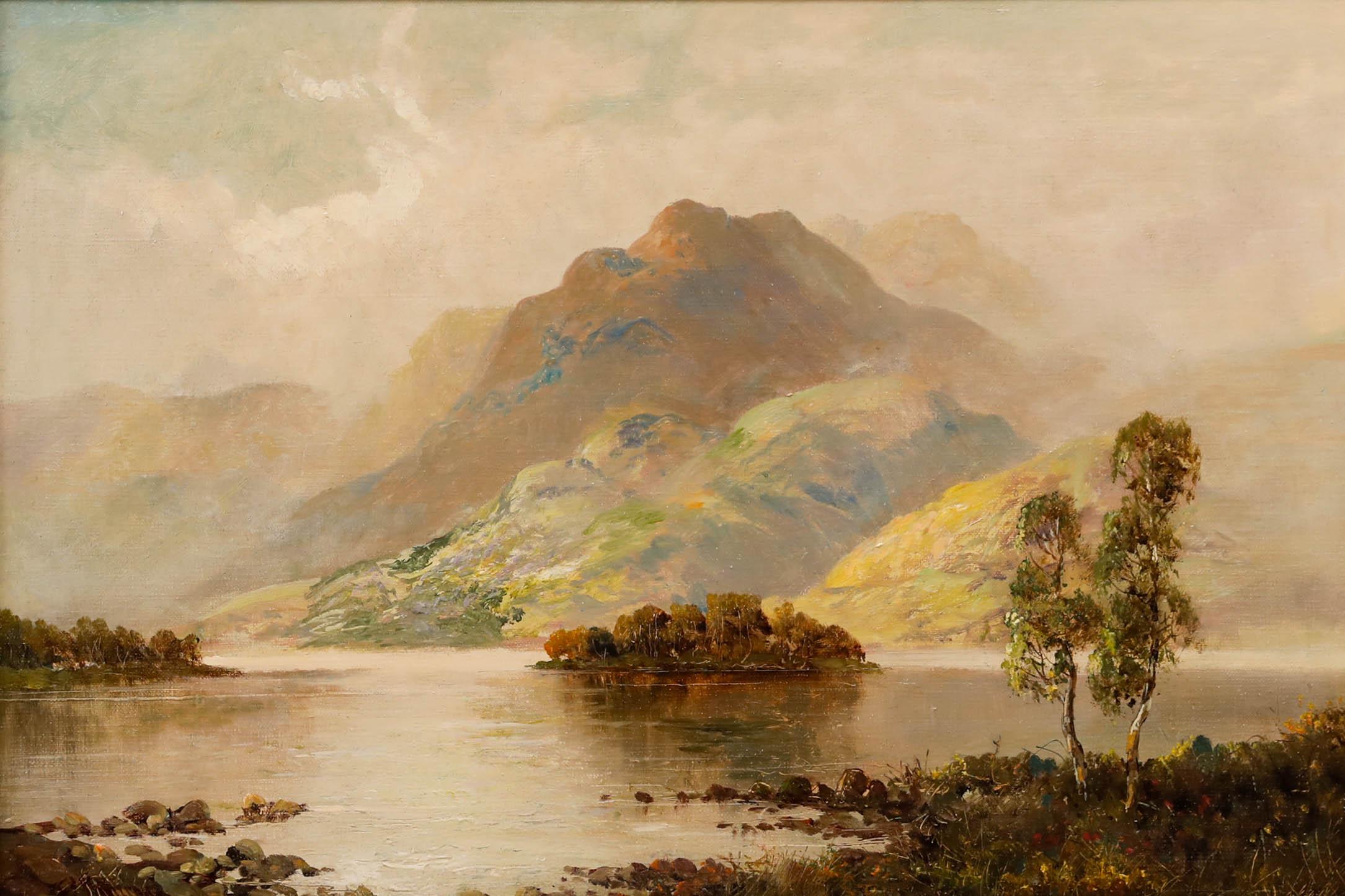Maniero di Johnson Y. Johnson - Olio della metà del XX secolo, Una giornata di MISTI, Loch Lomond - Painting di Francis E. Jamieson