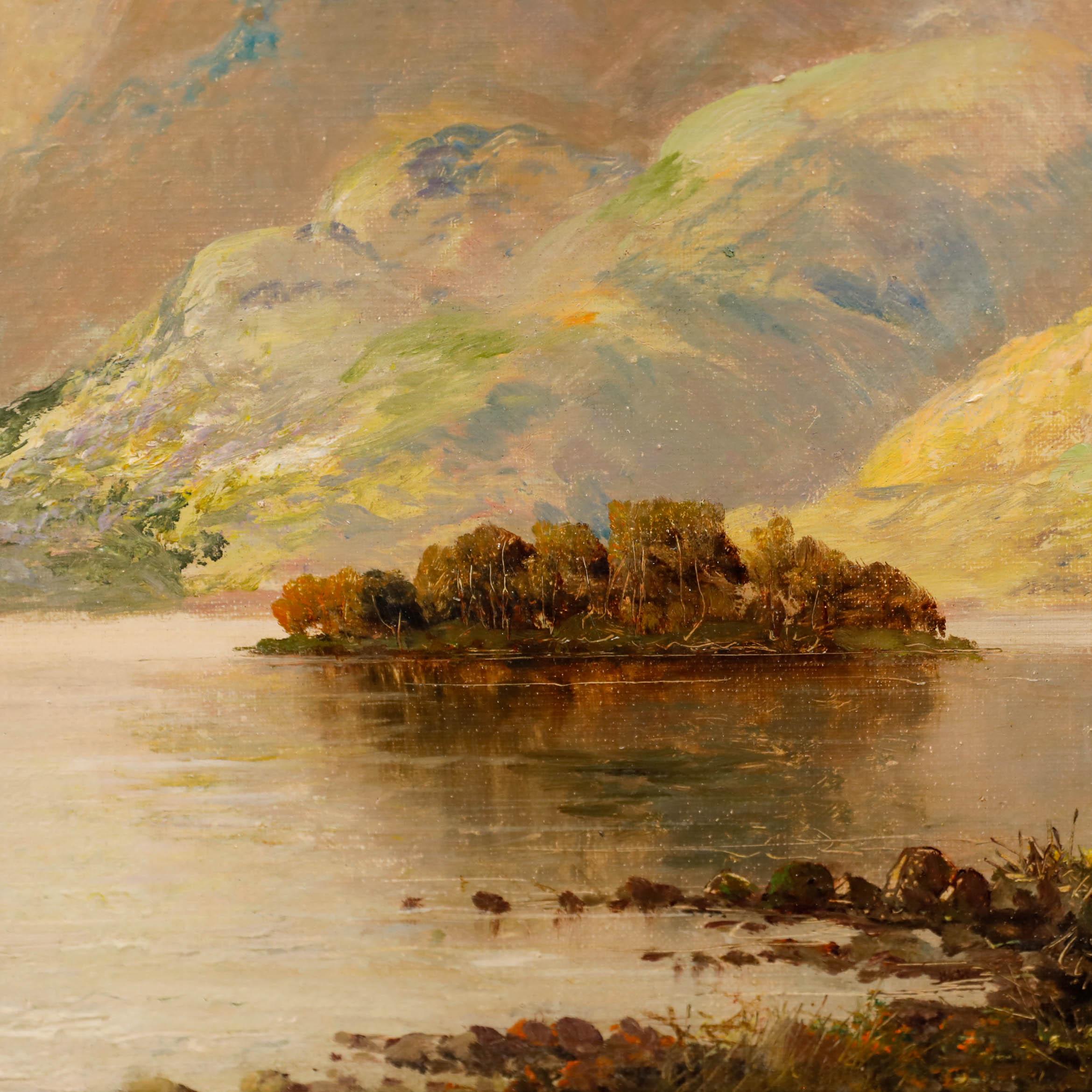 Maniero di Johnson Y. Johnson - Olio della metà del XX secolo, Una giornata di MISTI, Loch Lomond in vendita 1