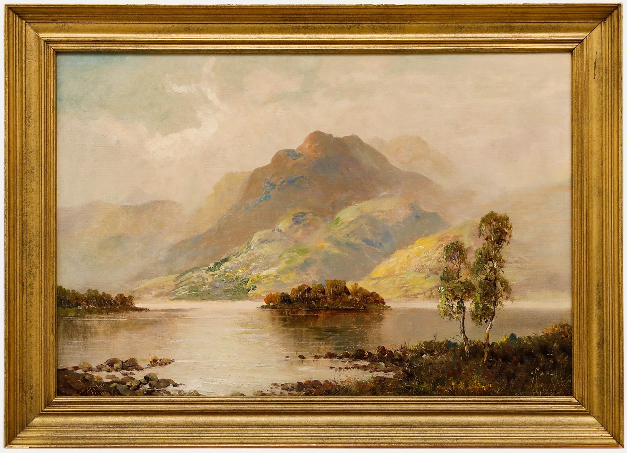 Landscape Painting di Francis E. Jamieson - Maniero di Johnson Y. Johnson - Olio della metà del XX secolo, Una giornata di MISTI, Loch Lomond