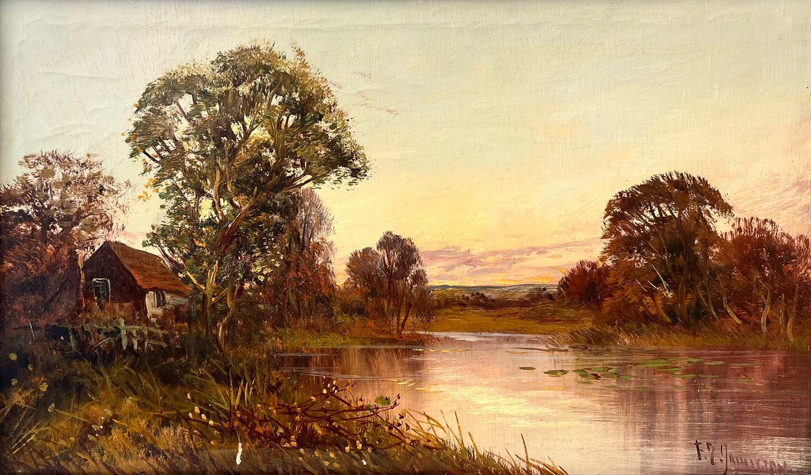 Francis E. Jamieson Landscape Painting - River Cottage Scotland Lowlands at Sunset Signed Antique British Oil Painting
