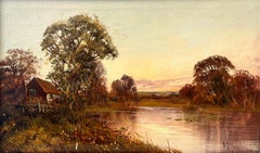 River Cottage Scotland Lowlands at Sunset Signed Antique British Oil Painting