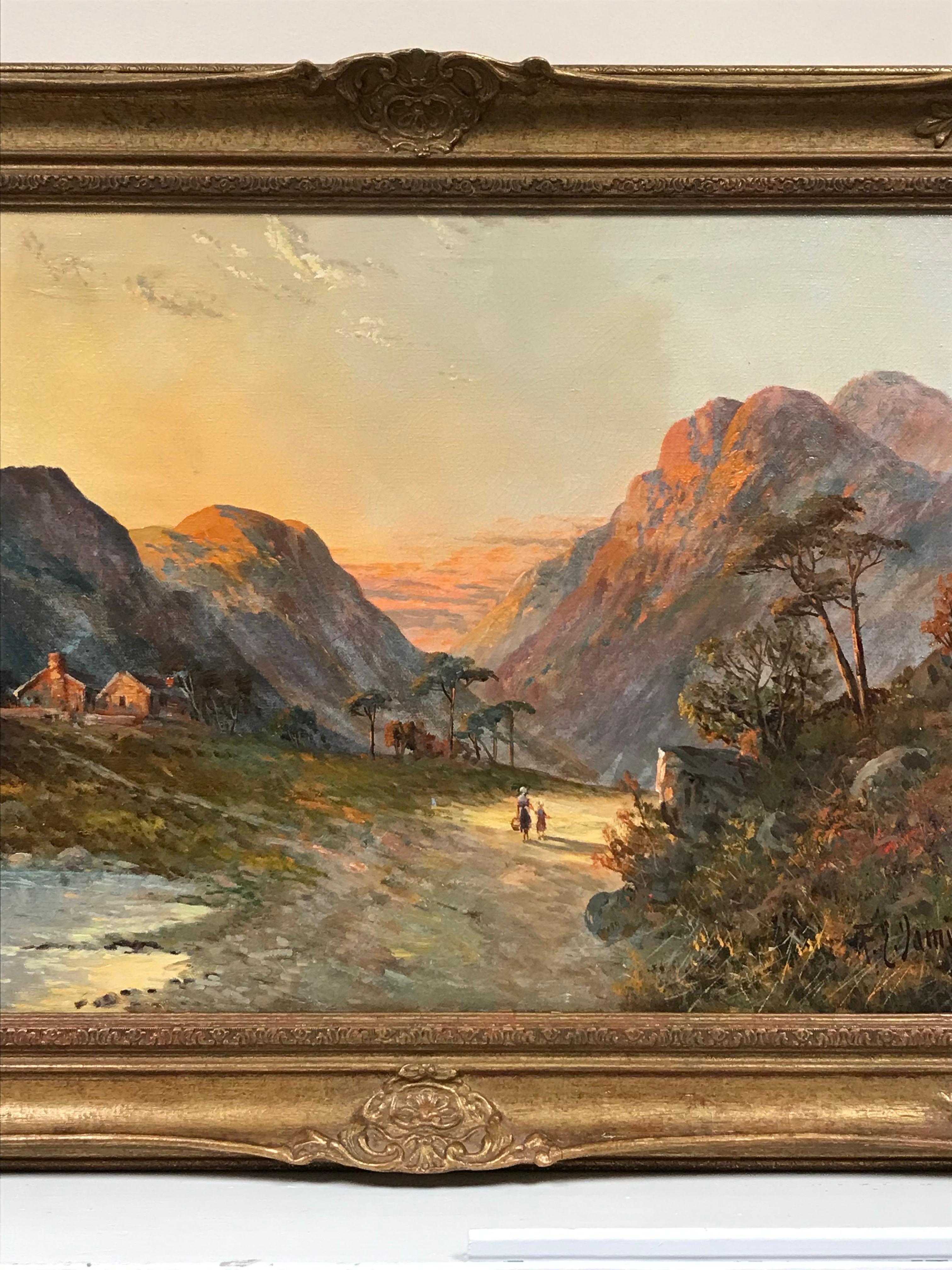 Romantic Scottish Highlands Antique Oil Painting, Mother & Child Glen Pathway - Brown Landscape Painting by Francis E. Jamieson