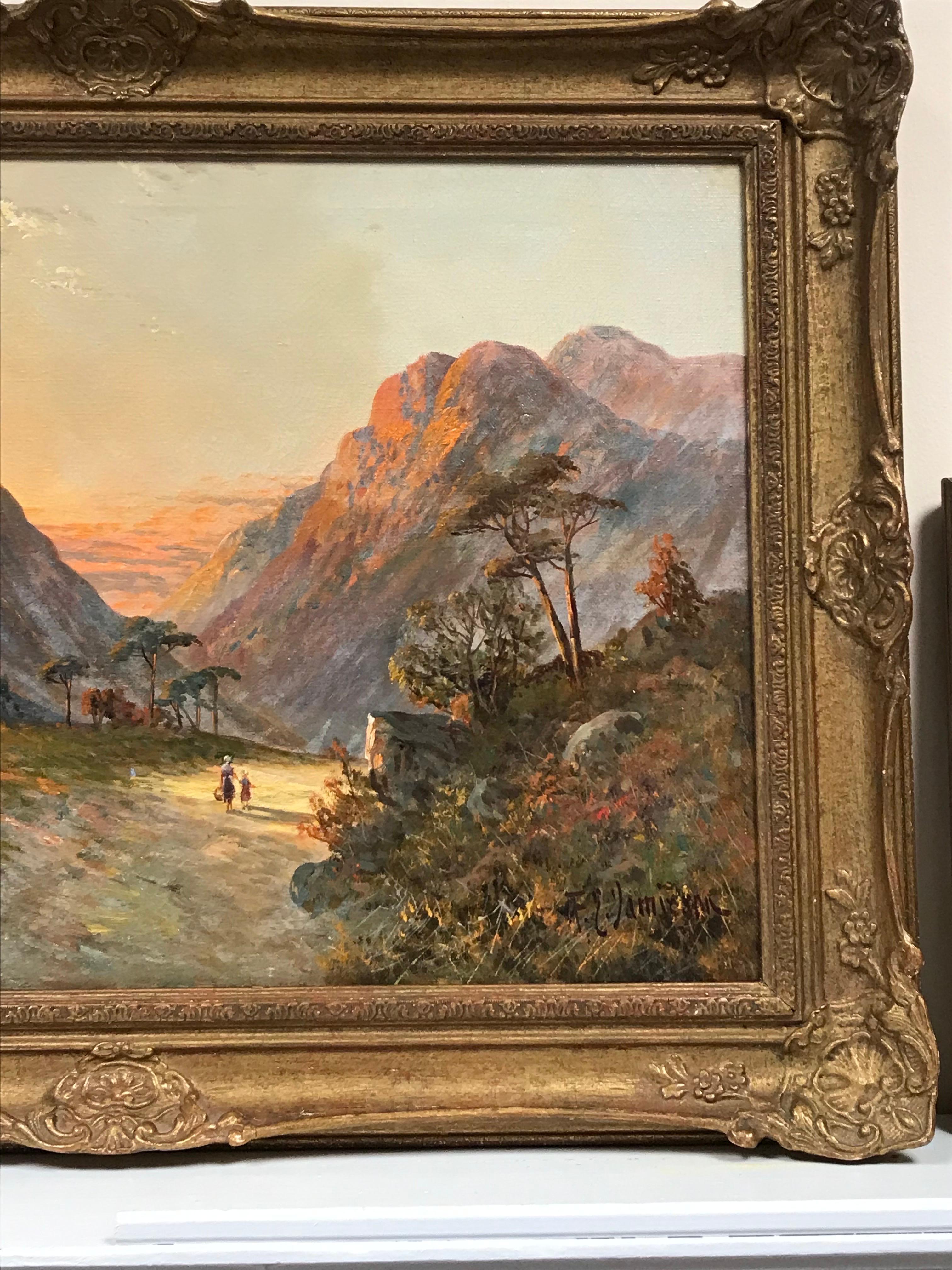Artist/ School: F. E. Jamieson (British 1895-1950), signed

Title: 'Returning Home', a mother and child returning home along the riverside pathway through a mountain glen at sunset. 

Medium: signed oil painting on canvas, framed

framed: 21.5 x