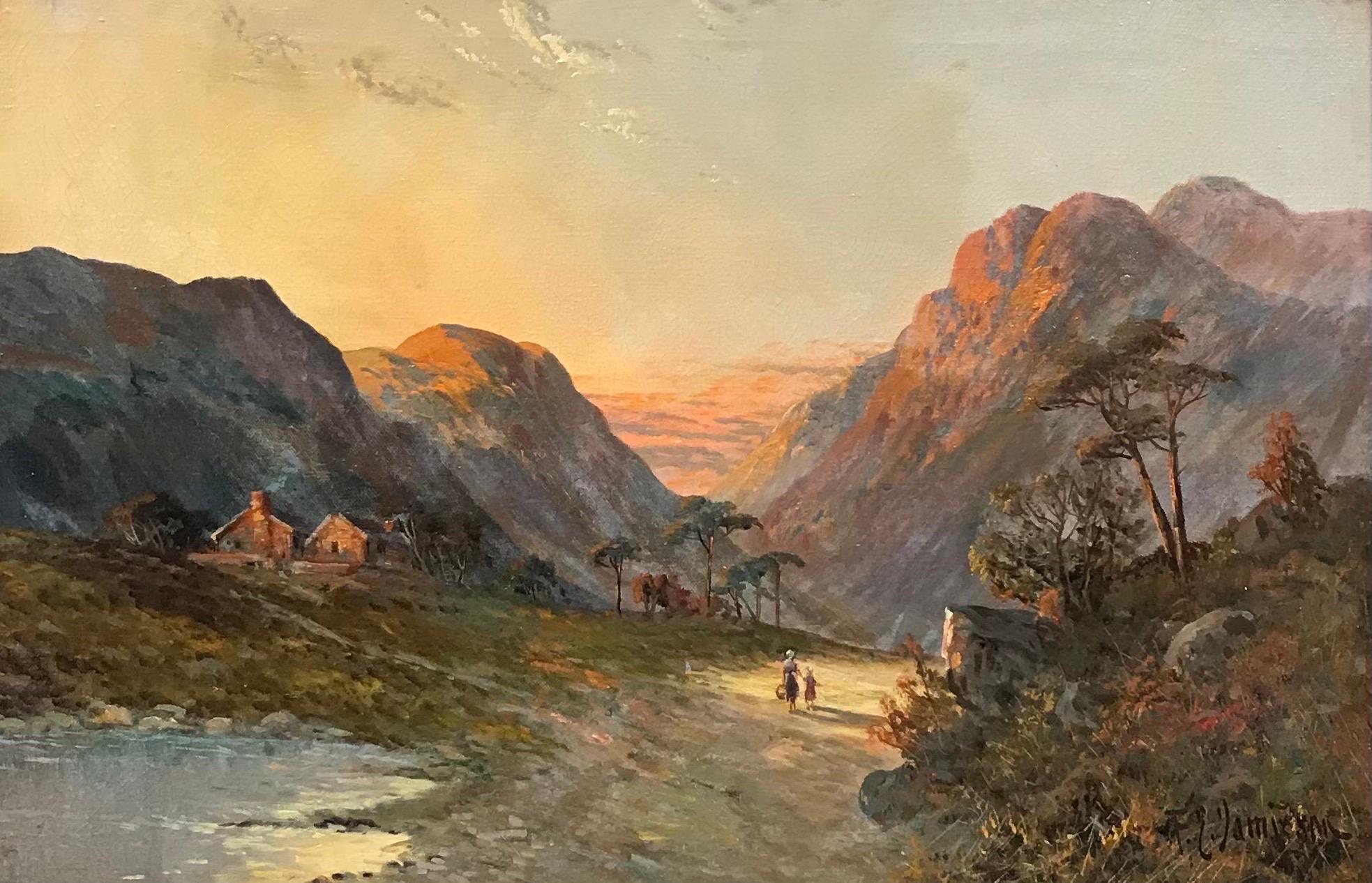 Francis E. Jamieson Landscape Painting - Romantic Scottish Highlands Antique Oil Painting, Mother & Child Glen Pathway