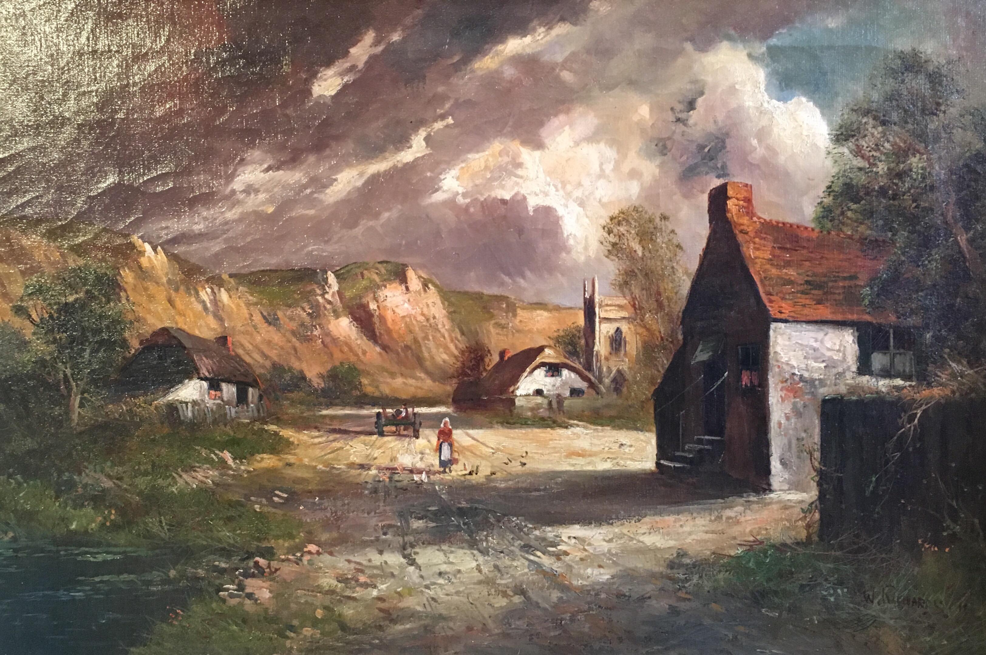Acantilado escocés, pintura al óleo antigua, firmada