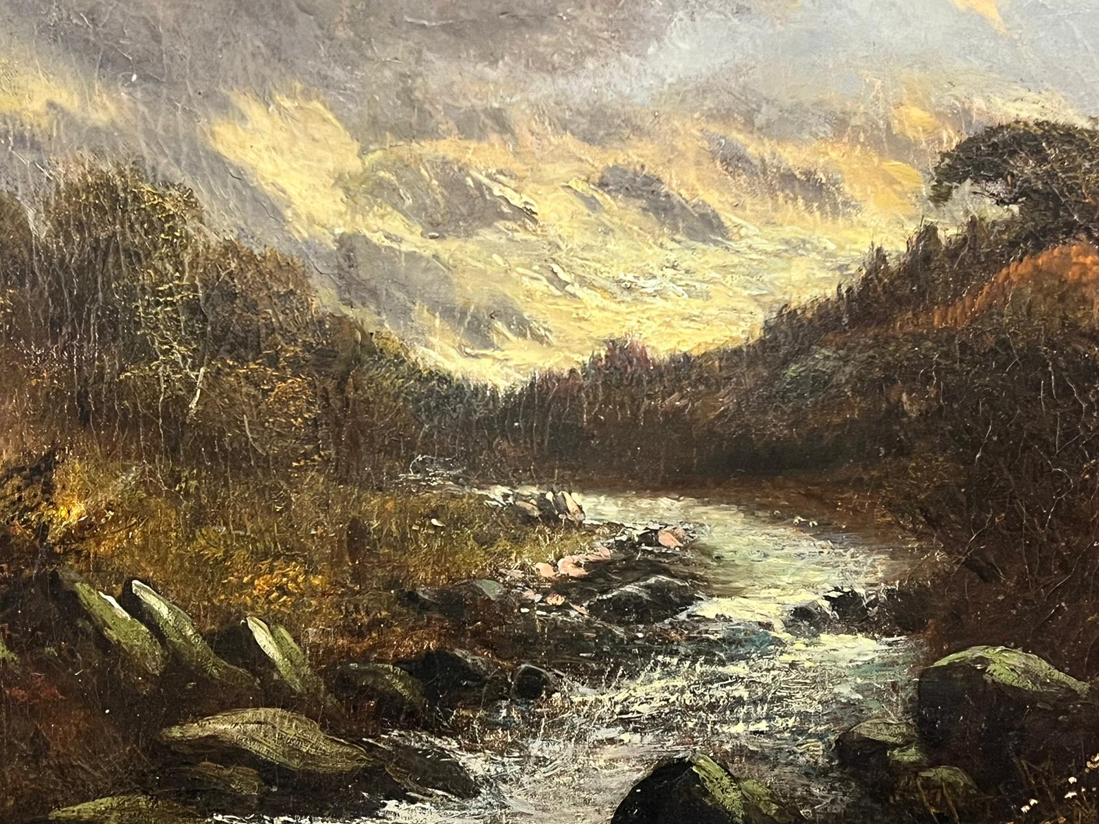 Paisaje escocés de las Highlands Río que fluye rápido por un valle Óleo antiguo - Painting Victoriano de Francis E. Jamieson