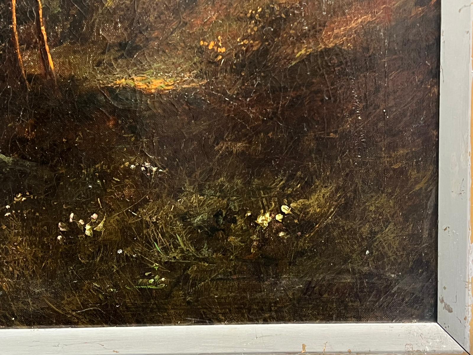 Paisaje escocés de las Highlands Río que fluye rápido por un valle Óleo antiguo - Landscape Painting Negro de Francis E. Jamieson