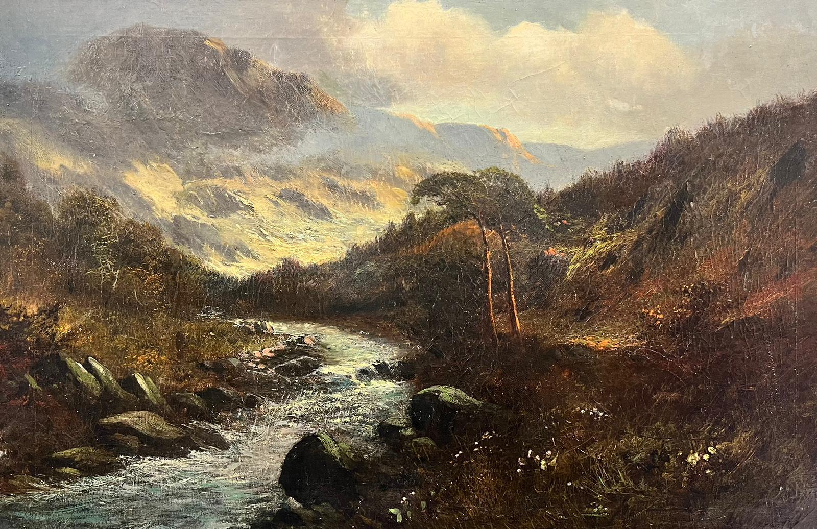 Landscape Painting de Francis E. Jamieson - Paisaje escocés de las Highlands Río que fluye rápido por un valle Óleo antiguo