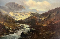 Scottish Highland Landscape Fast Flowing River through Valley Antique Oil