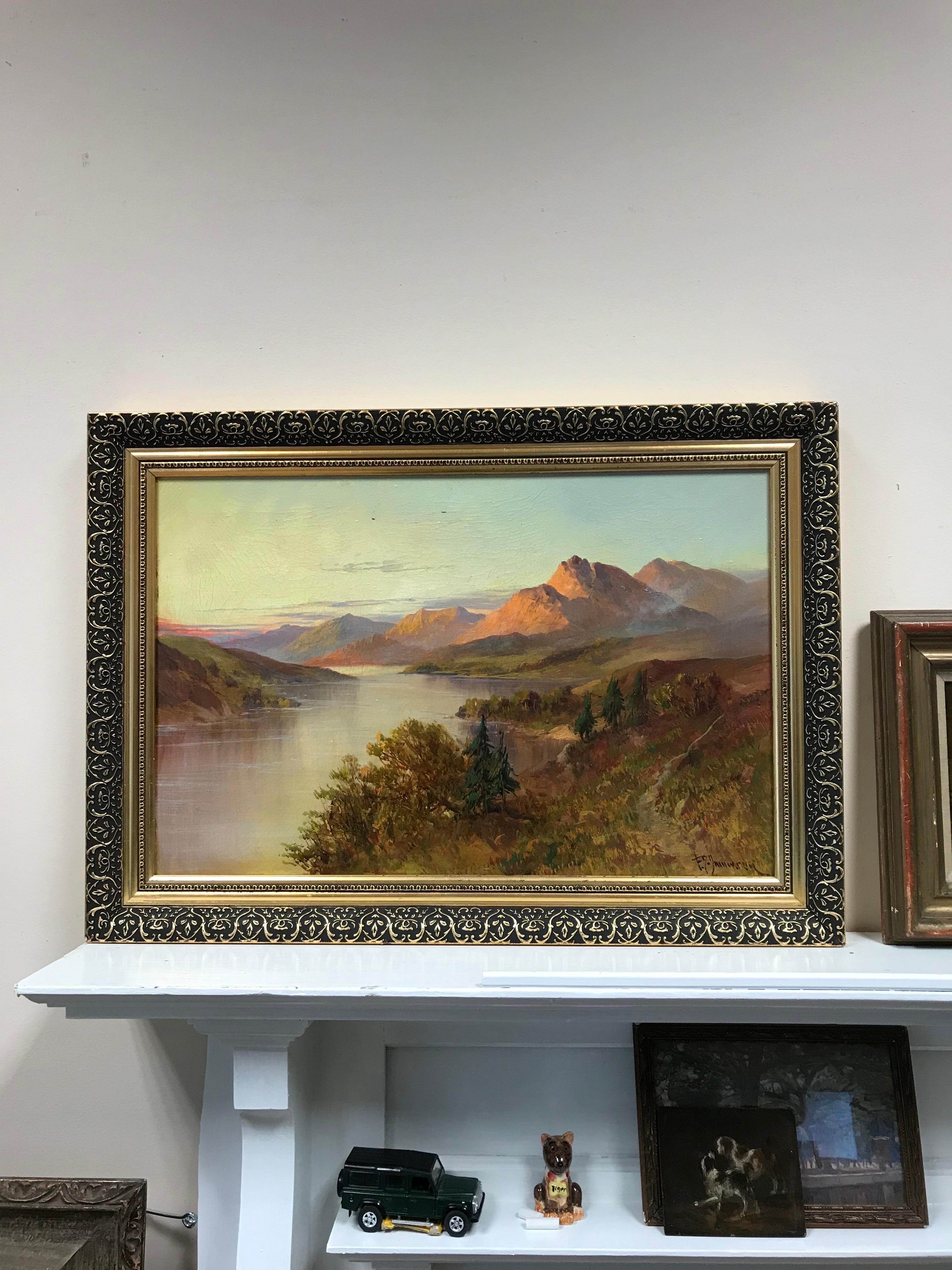 Highland Loch escocés al atardecer pintura al óleo antigua firmada Paisaje hermoso - Painting de Francis E. Jamieson
