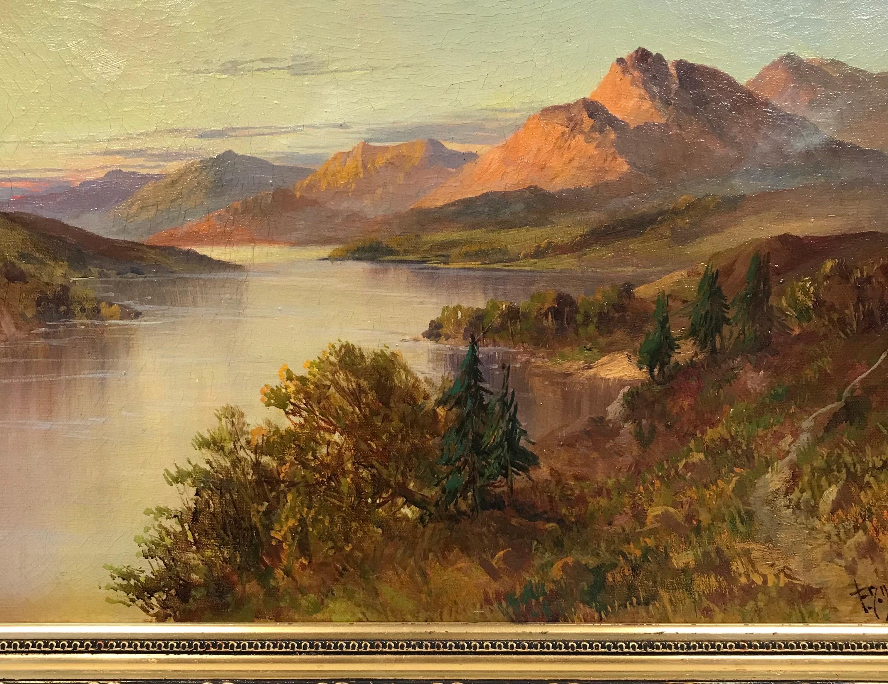 Artista/ Escuela: F. E. Jamieson (británico 1895-1950), firmado

Título: Escena de un lago de las Highlands escocesas con una cálida puesta de sol. 

Técnica: óleo sobre lienzo firmado y enmarcado

enmarcado: 20 x 28,5 pulgadas
cuadro: 16 x 24