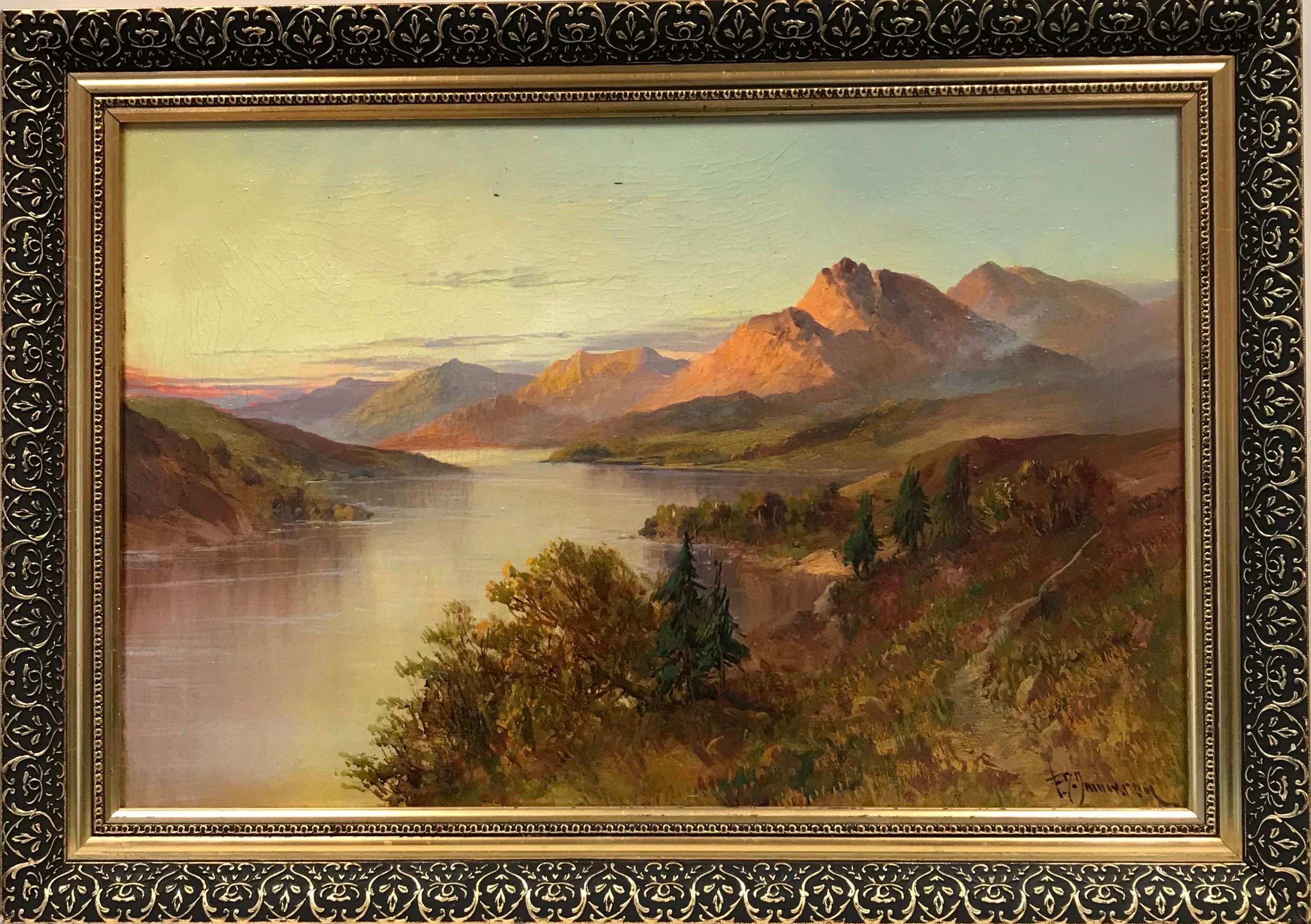 Francis E. Jamieson Landscape Painting - Scottish Highland Loch at Sunset signed antique oil painting Beautiful Landscape